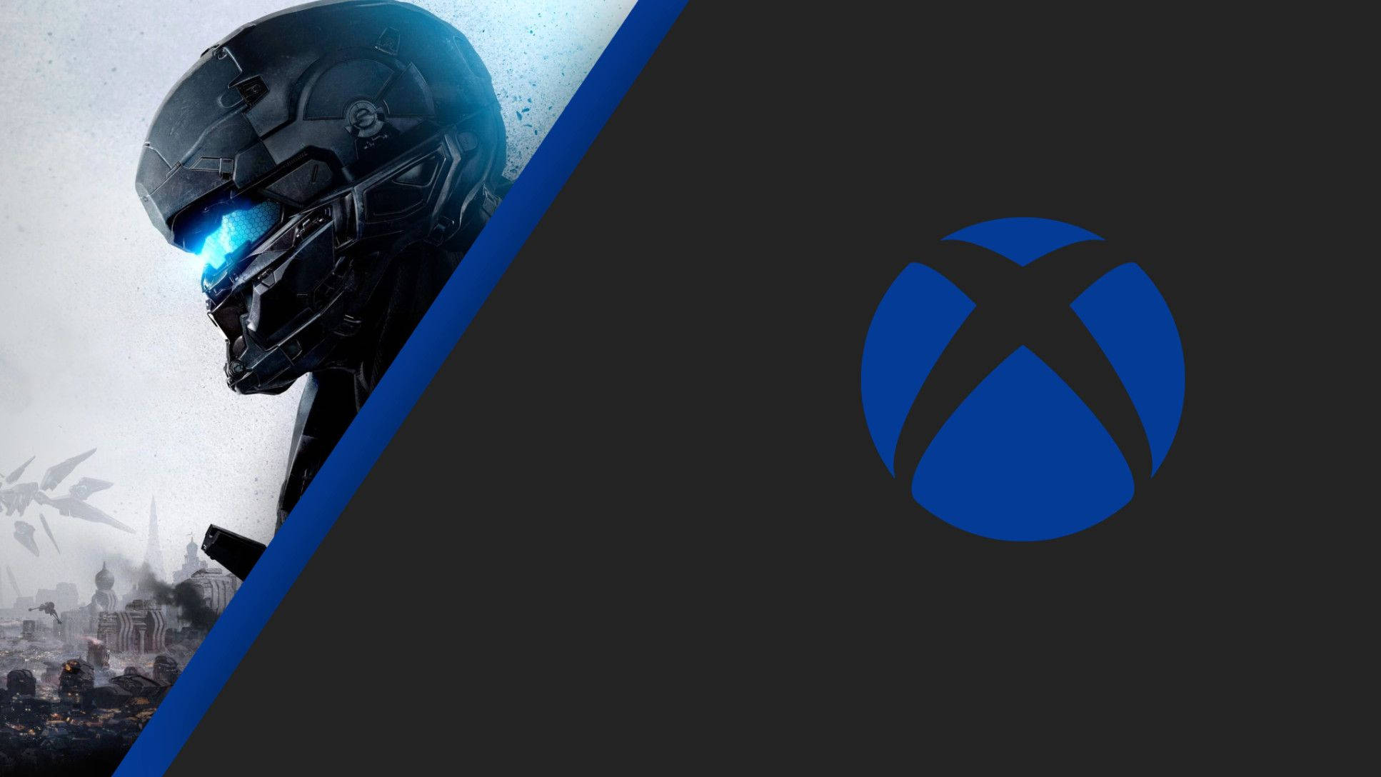 Xbox 桌布 壁紙 — 一名戴著頭盔、擁有發光藍眼的未來士兵，站在戰火摧殘的城市景觀旁，旁邊是Xbox標誌。