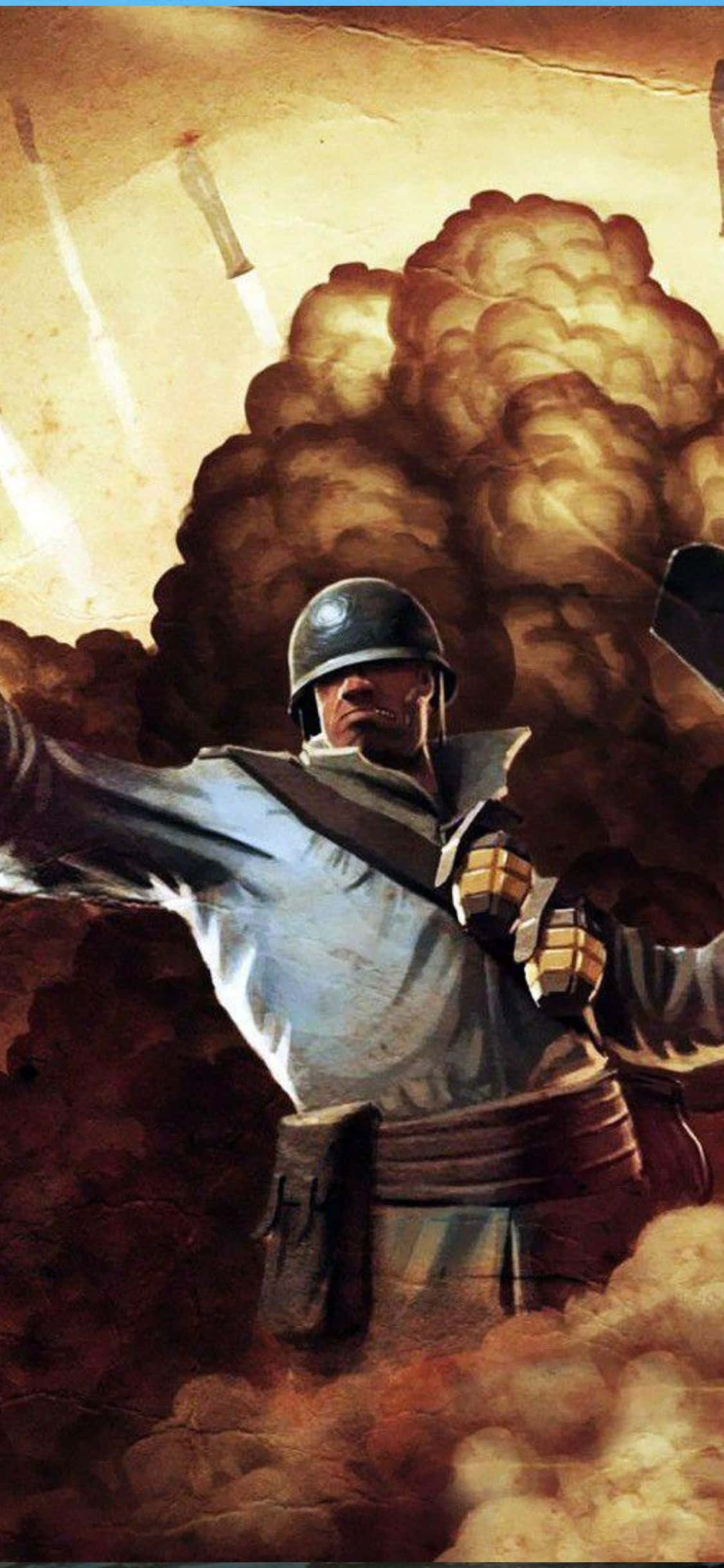 電玩遊戲 桌布 壁紙 — 一名戴著頭盔、身穿軍服的士兵，在金色天空下，於翻滾的濃煙和熾熱爆炸中屹立不搖。