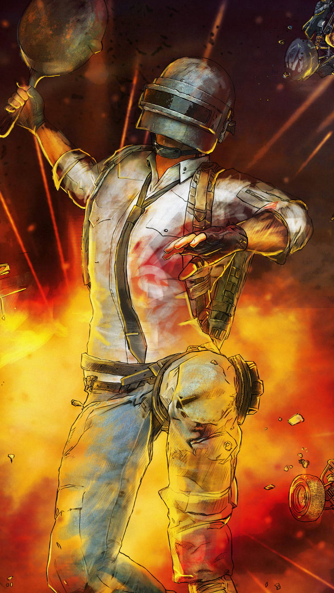 pubg mobile 桌布 壁紙 — 一名戴著頭盔、飽經戰火的士兵，在混亂的戰鬥場景中，於熾熱的爆炸和碎片中揮舞著平底鍋。