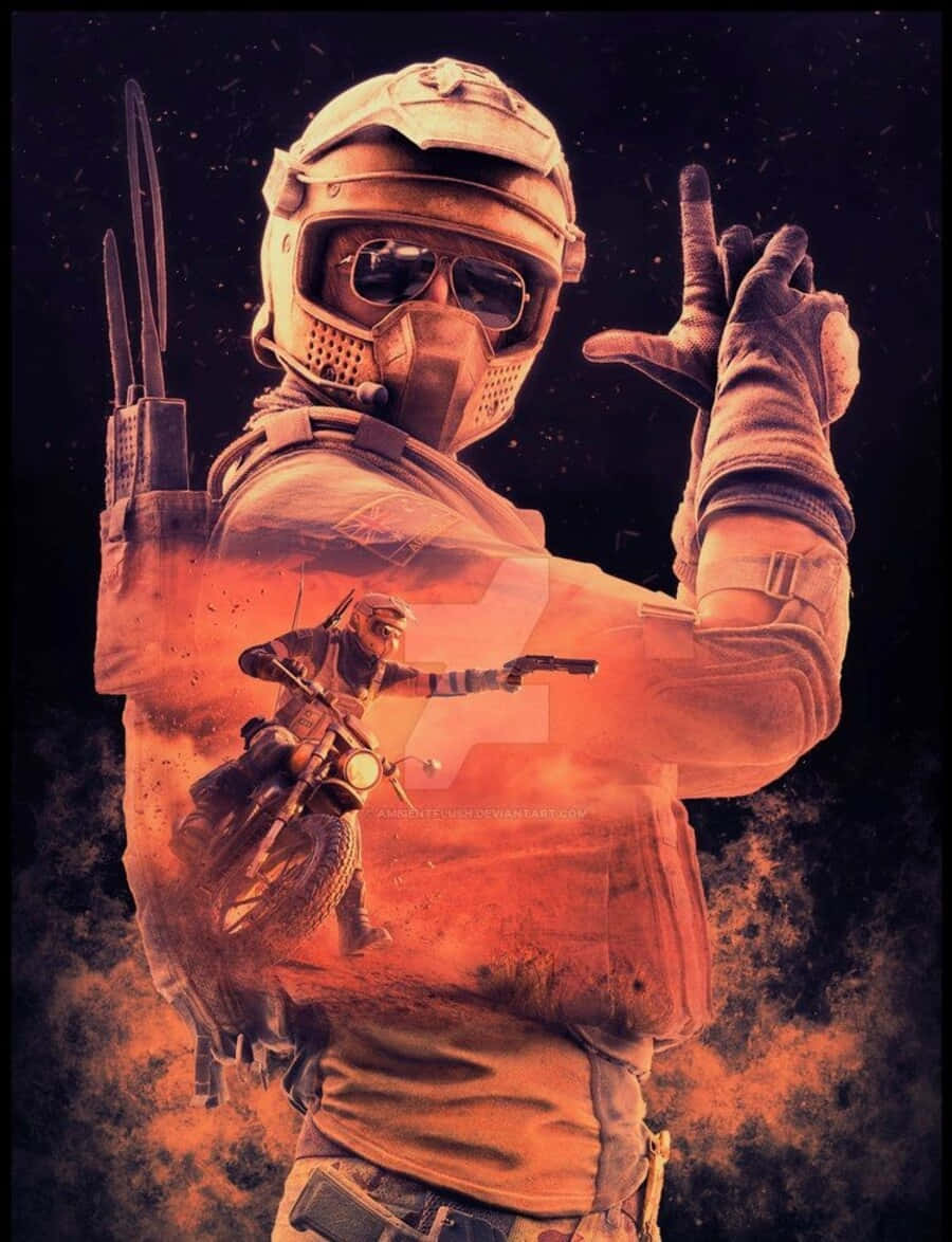 Rainbow Six Siege Mozzie 桌布 壁紙 — 一名戴著頭盔和口罩的士兵做出手勢，而一名摩托車騎士以半透明重疊影像的形式出現在熾熱的橙色背景上。