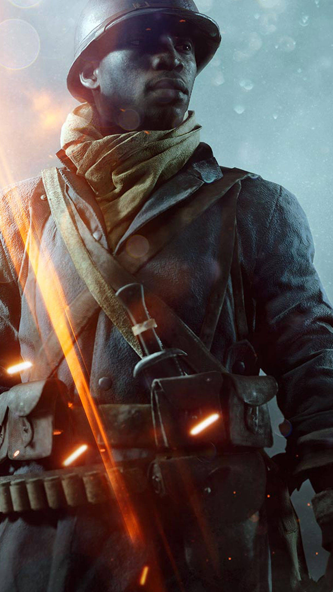 Battlefield 桌布 壁紙 — 一名戴著頭盔和圍巾的莊嚴士兵，在薄霧背景中，站在熾熱的火花和發光的餘燼之間。