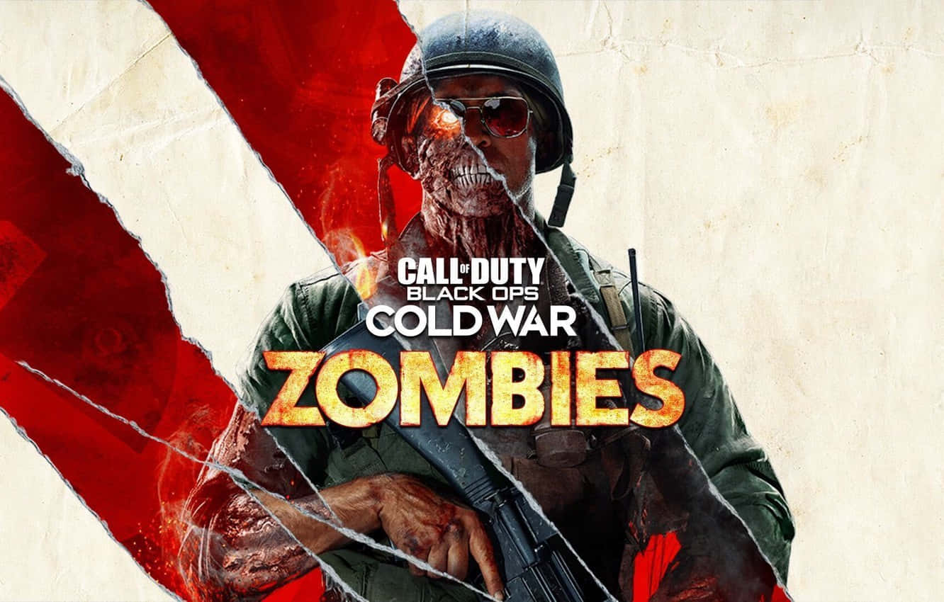 Call Of Duty Black Ops 1 桌布 壁紙 — 一名戴著頭盔和太陽眼鏡的殭屍士兵，在撕裂的紅白背景前拿著步槍，上面有「Call of Duty Black Ops Cold War Zombies」文字。
