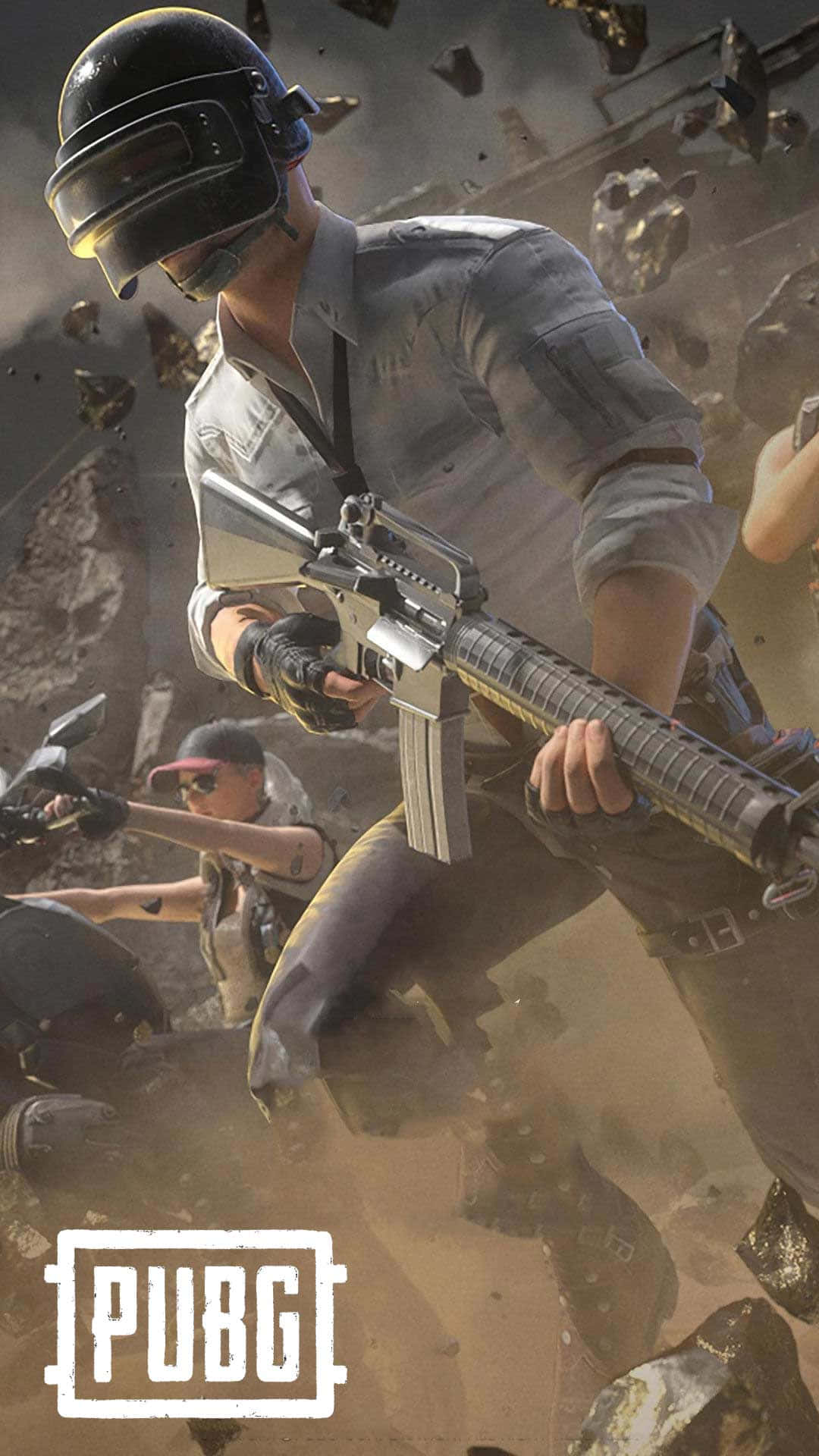 Pubg Android 桌布 壁紙 — 一名戴著頭盔和戰術裝備的士兵在碎片飛揚的 gritty 戰鬥場景中開火。