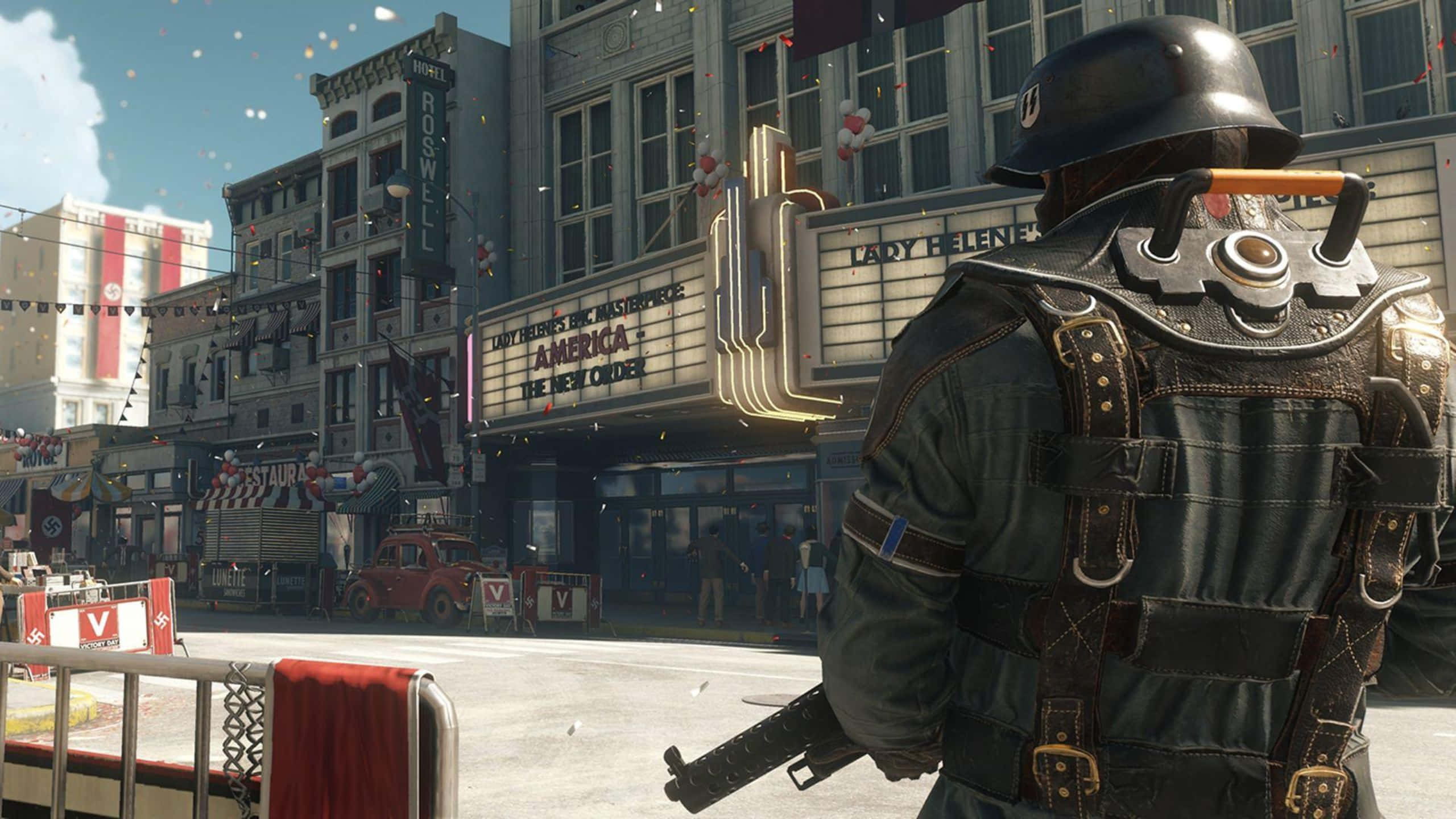 Wolfenstein Ii 桌布 壁紙 — 一名戴著頭盔和戰術裝備的士兵站在陽光明媚的城市街道上，背景有一個電影院招牌寫著「America The New Order」。