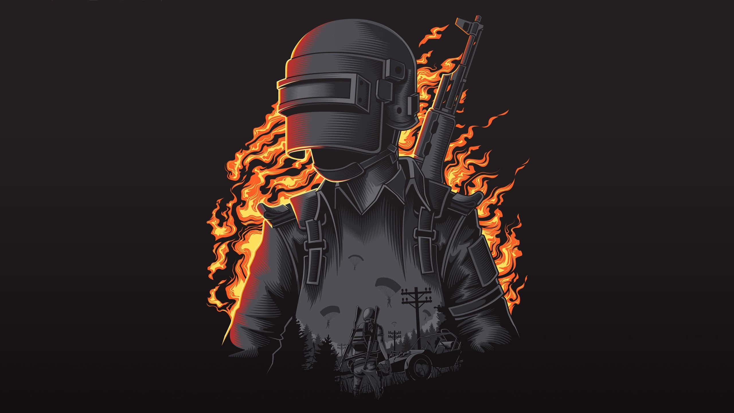 pubg mobile 桌布 壁紙 — 一名戴著頭盔和戰術裝備的士兵站在黑暗背景前，被熾熱的橙色火焰吞沒，背景有鄉村景觀的剪影。