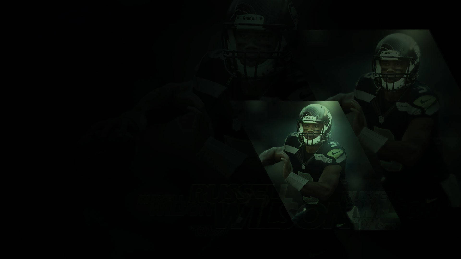 Seattle Seahawks 桌布 壁紙 — 一名戴著頭盔和穿著制服的美式足球運動員在黑暗背景中被聚光燈照亮，帶有自己模糊的幽靈般重疊影像。
