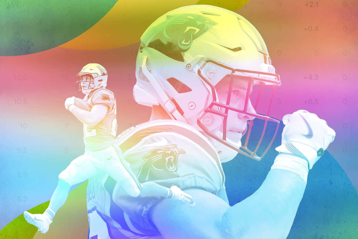 Christian Mccaffrey 桌布 壁紙 — 一名戴著頭盔和穿著制服的美式足球員，在充滿活力的彩虹漸變背景和漂浮的數字前擺出動態姿勢。