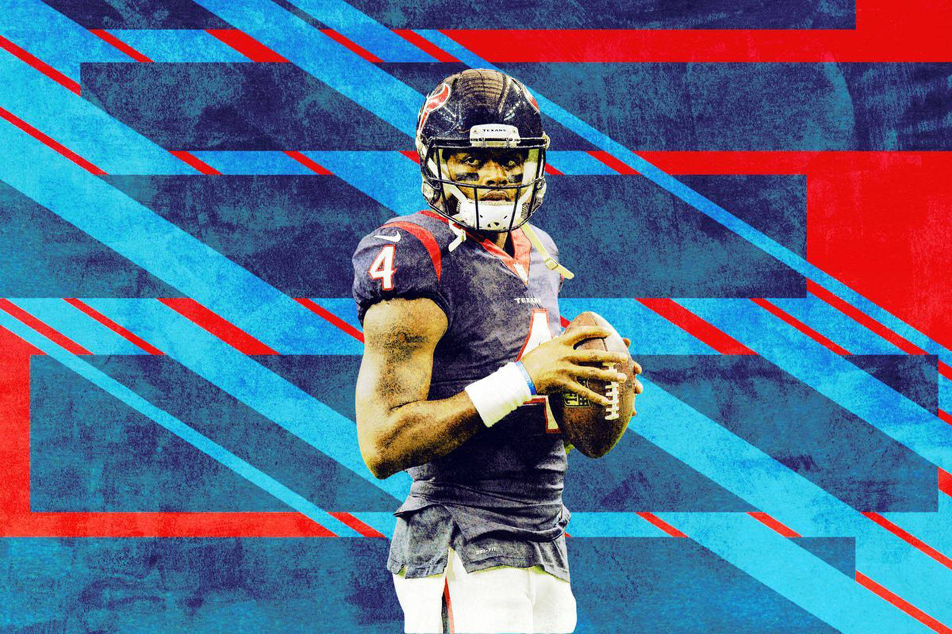 Deshaun Watson 桌布 壁紙 — 一名戴著頭盔和穿著球衣的美式足球員，在搶眼的藍色和紅色幾何背景前拿著一個球。