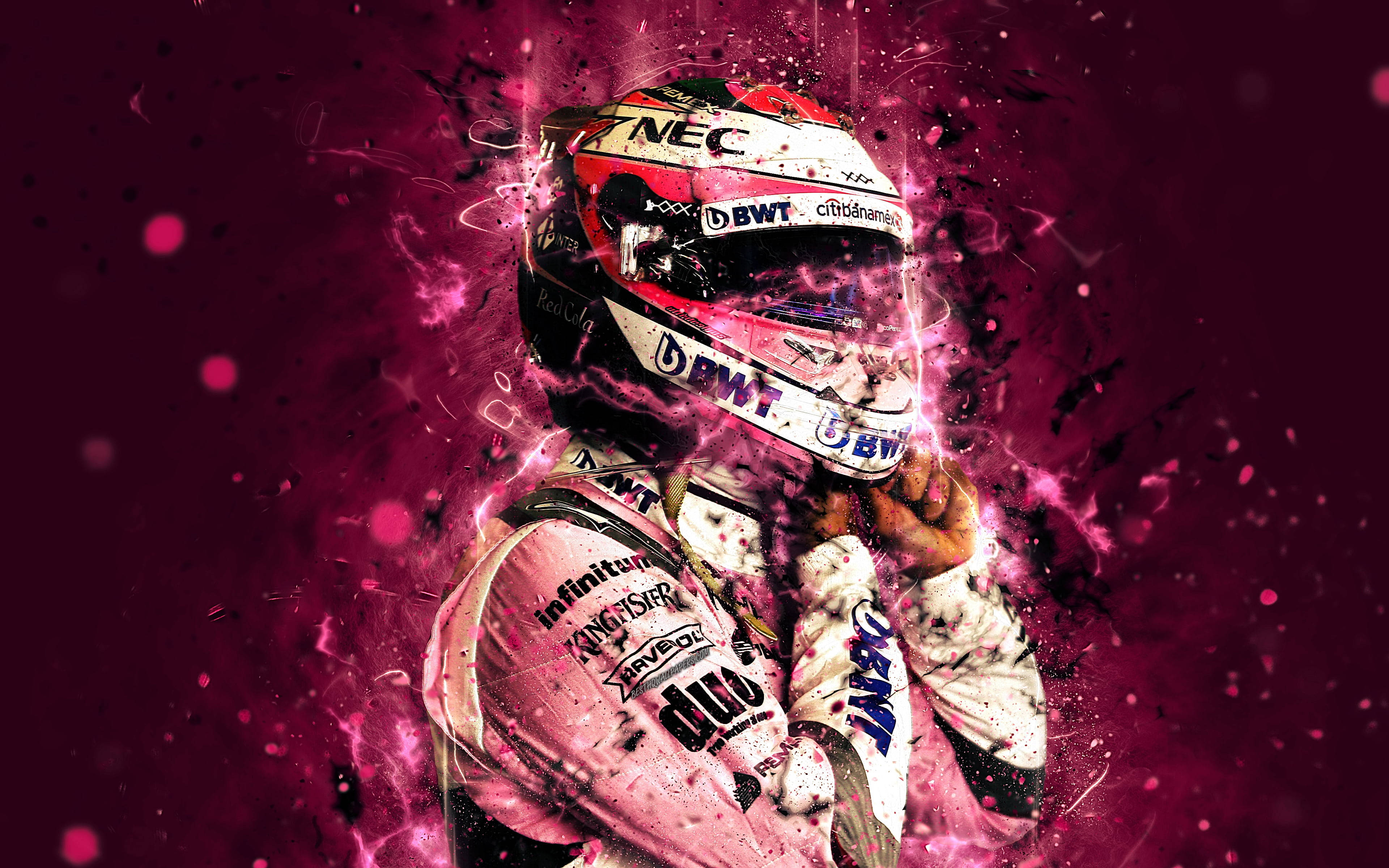 sergio perez 桌布 壁紙 — 一名戴著頭盔和賽車服的賽車手，在深洋紅色背景上被鮮豔的粉紅色能量飛濺包圍。