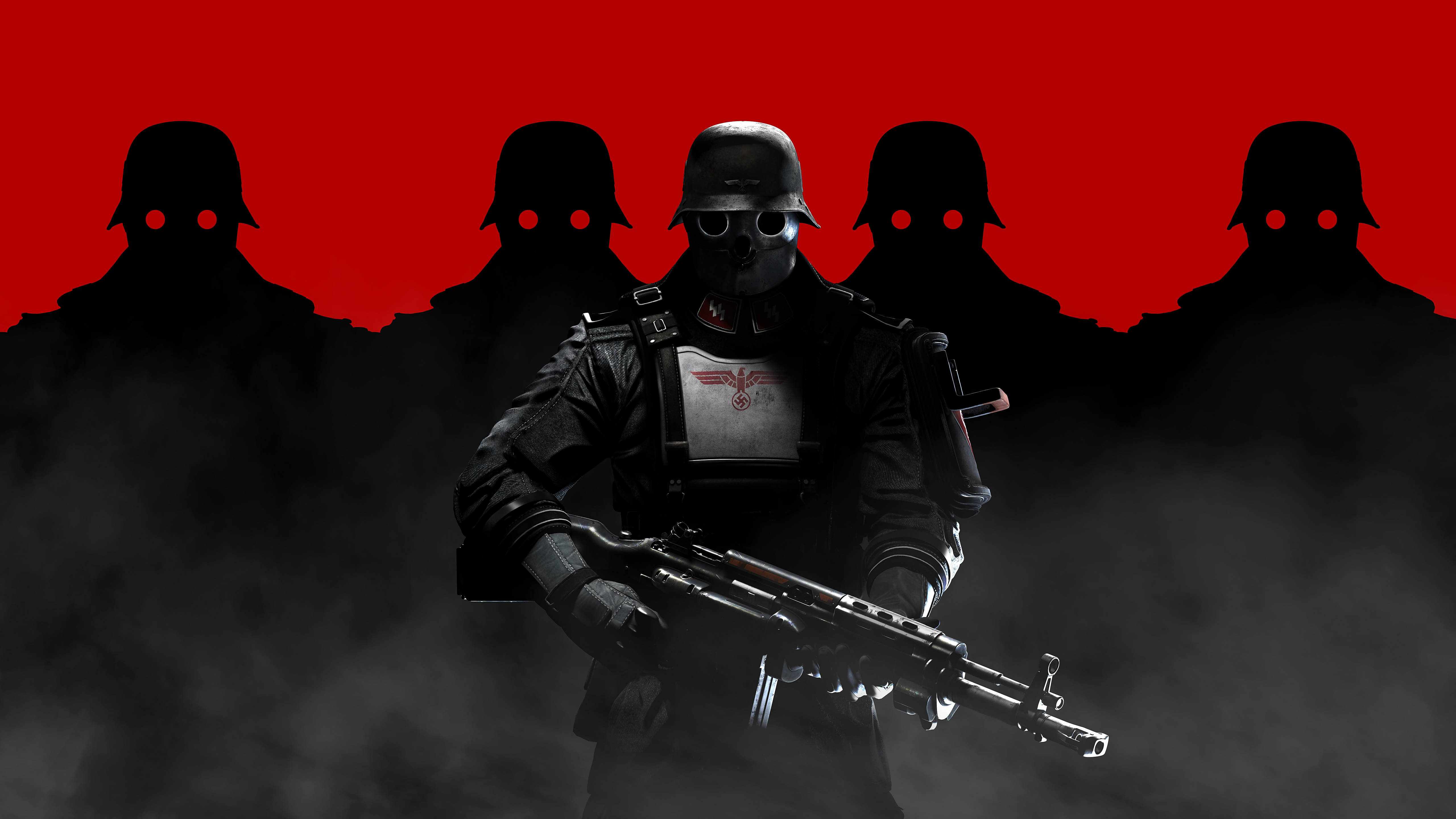 Wolfenstein 桌布 壁紙 — 一名戴著頭盔和防毒面具的士兵，在紅色背景前手持步槍，身後有陰影人物。