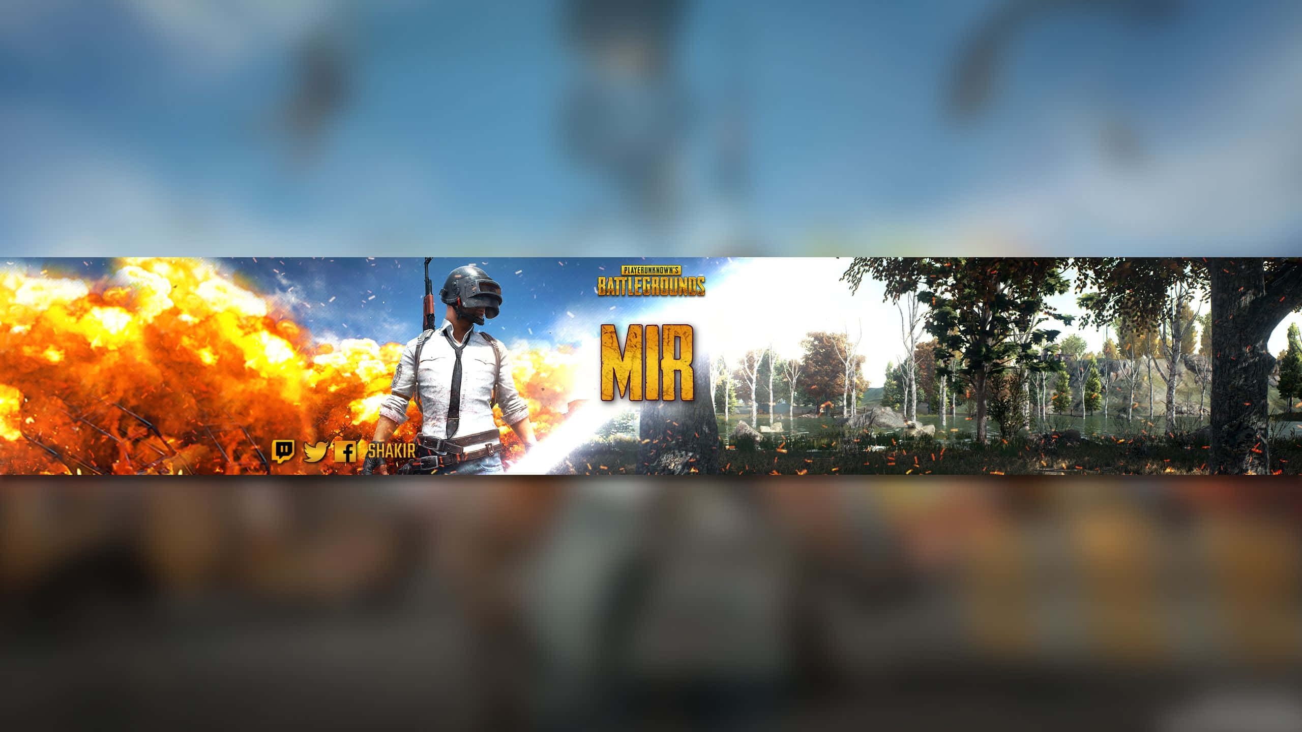 YouTube Banner Gaming 桌布 壁紙 — 一名戴著頭盔的士兵站在猛烈爆炸中，'MIR' 文字在森林背景下發光。