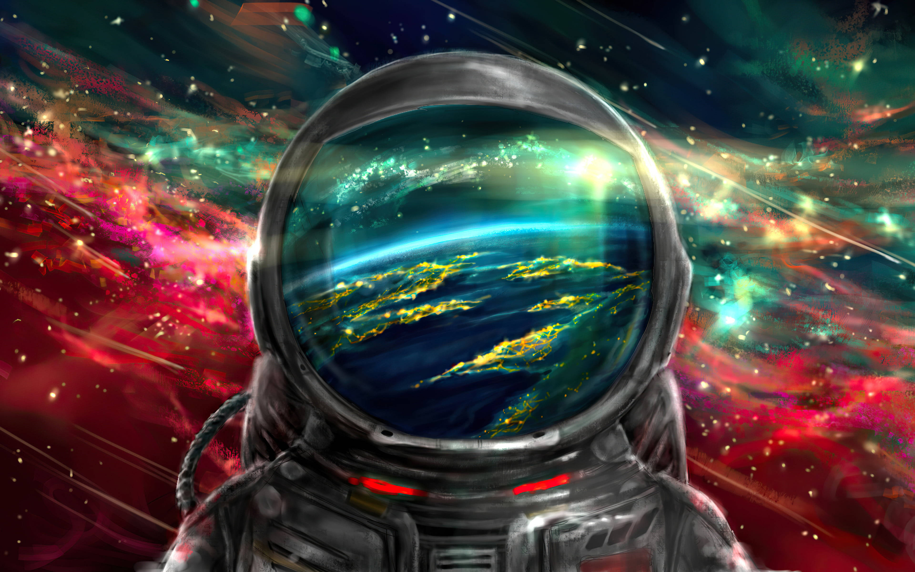 Stars 桌布 壁紙 — 一名戴著頭盔的太空人凝視著一顆發光的藍色星球，帶有金色光芒，背景是充滿活力的宇宙星雲，呈現紅色、綠色和藍綠色。