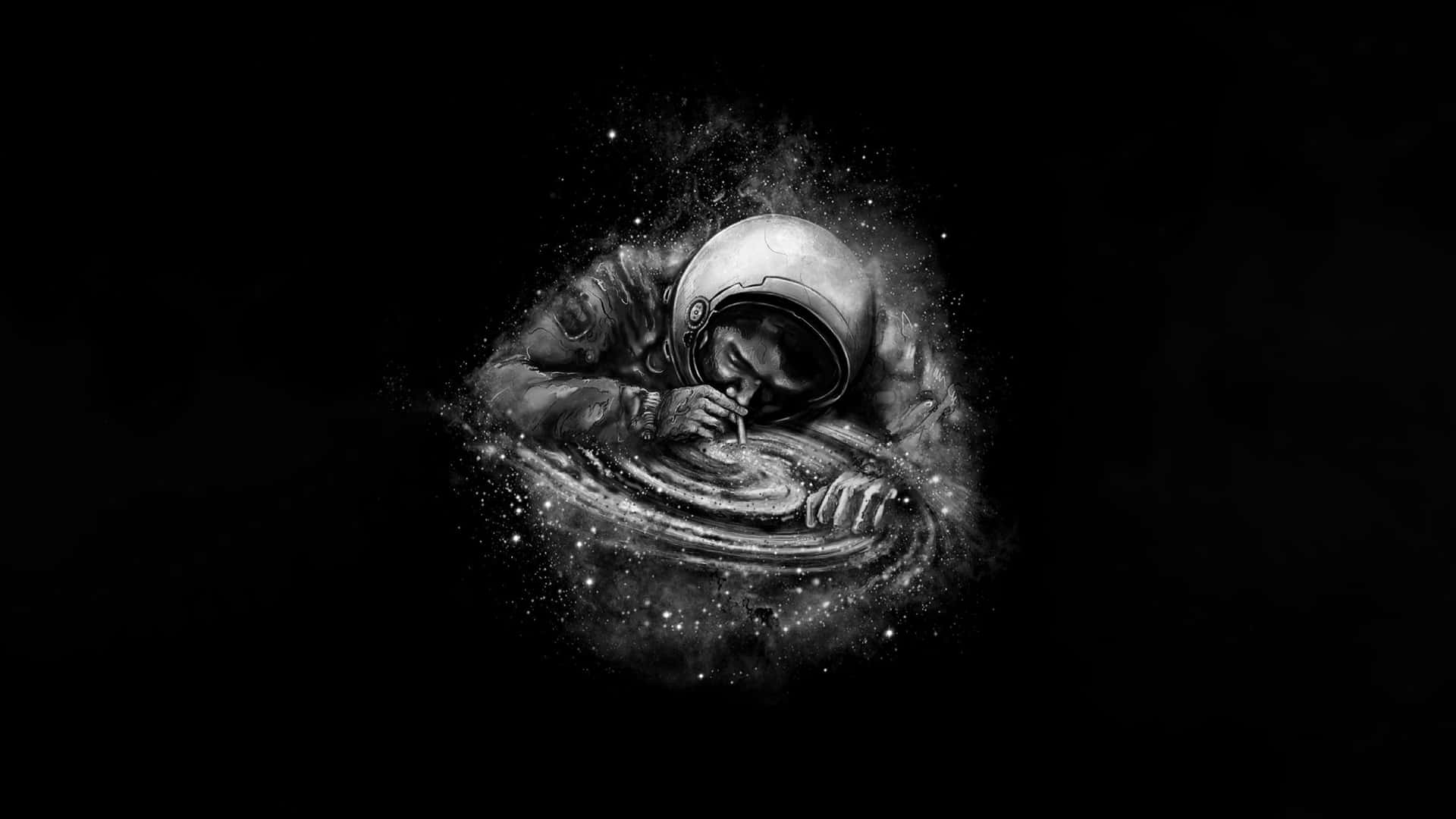 藝術 桌布 壁紙 — 一名戴著頭盔的太空人蜷縮在一個旋轉的星系內，背景是黑色虛空，散佈著星星。