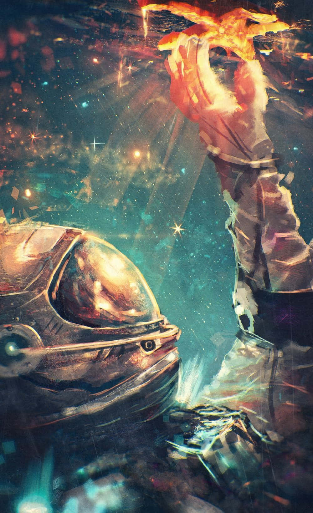 外太空 桌布 壁紙 — 一名戴著頭盔的孤獨太空人向上伸手，抓住一個燃燒的天體，背景是繁星點點的宇宙。