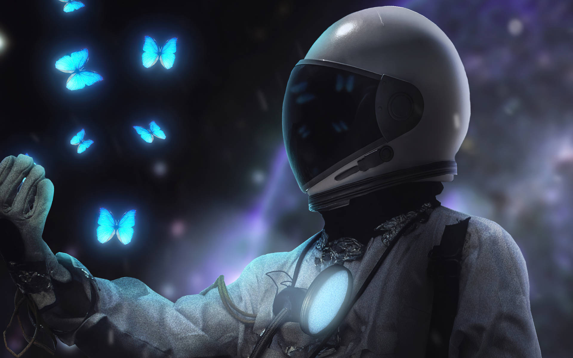 Astronaut In Space 桌布 壁紙 — 一名戴著頭盔的孤獨太空人在宇宙星雲背景下，溫柔地與發光的藍色蝴蝶互動。