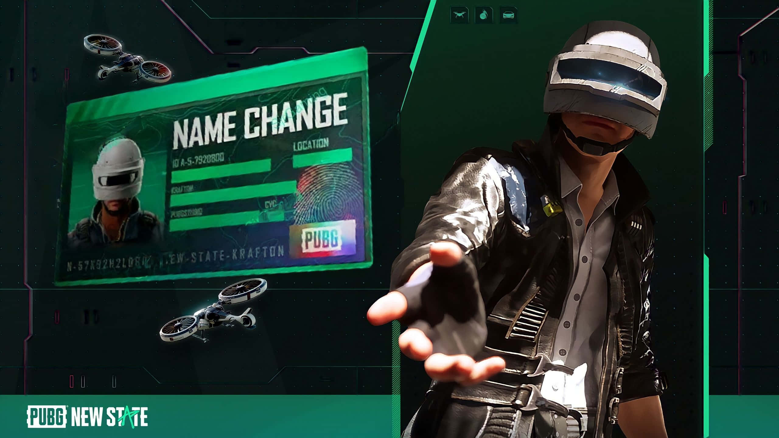 Pubg Logo 桌布 壁紙 — 一名戴著頭盔的未來主義玩家在霓虹燈照亮的數位空間中，將手伸向一個發光的綠色改名介面。