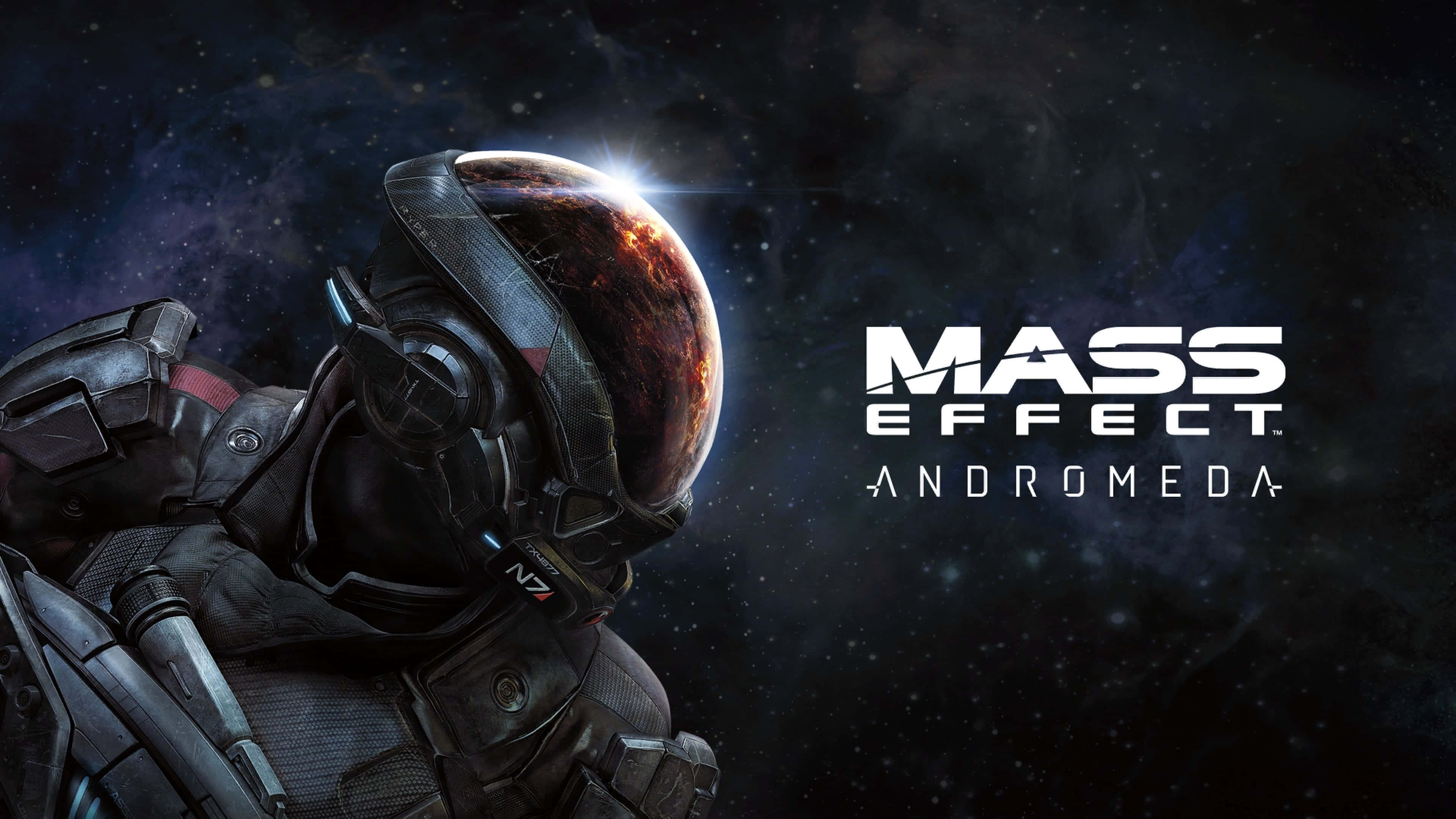 Mass Effect Andromeda 桌布 壁紙 — 一名戴著頭盔的未來士兵凝視著一顆發光的行星，背景是星空宇宙，並帶有「Mass Effect Andromeda」文字。