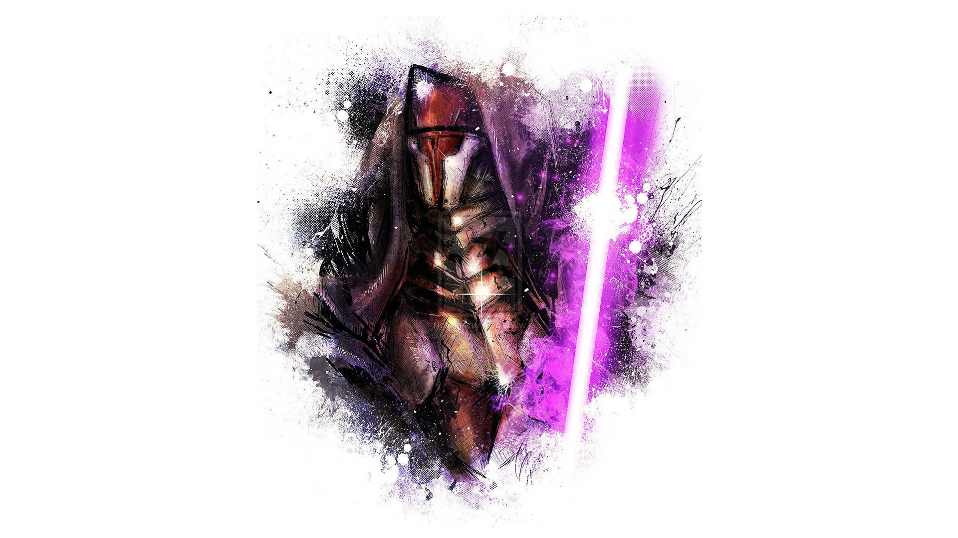 Lightsaber 桌布 壁紙 — 一名戴著頭盔的裝甲戰士在濺射的黑暗背景上揮舞著發光的紫色光劍。