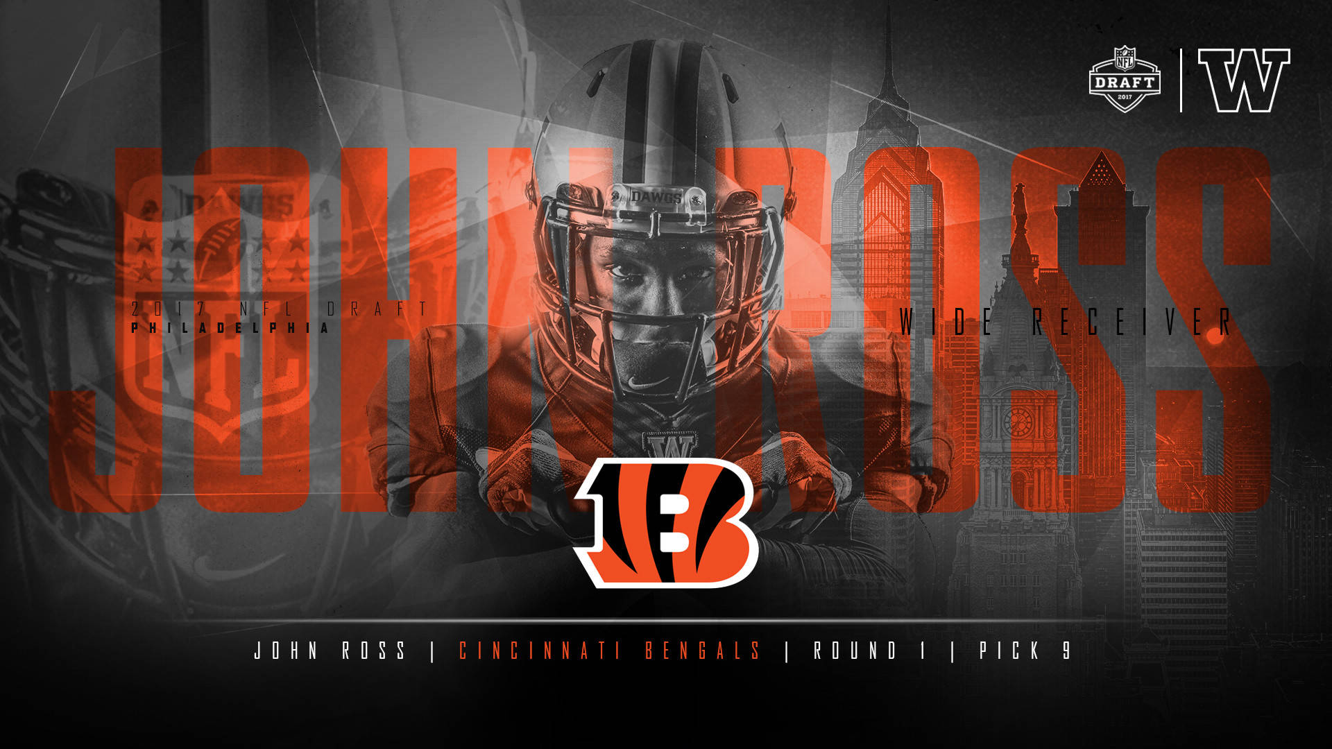 Bengals 桌布 壁紙 — 一名戴著頭盔的足球運動員在粗獷的城市背景下，配以粗體橙色文字和球隊標誌，凝視著前方。