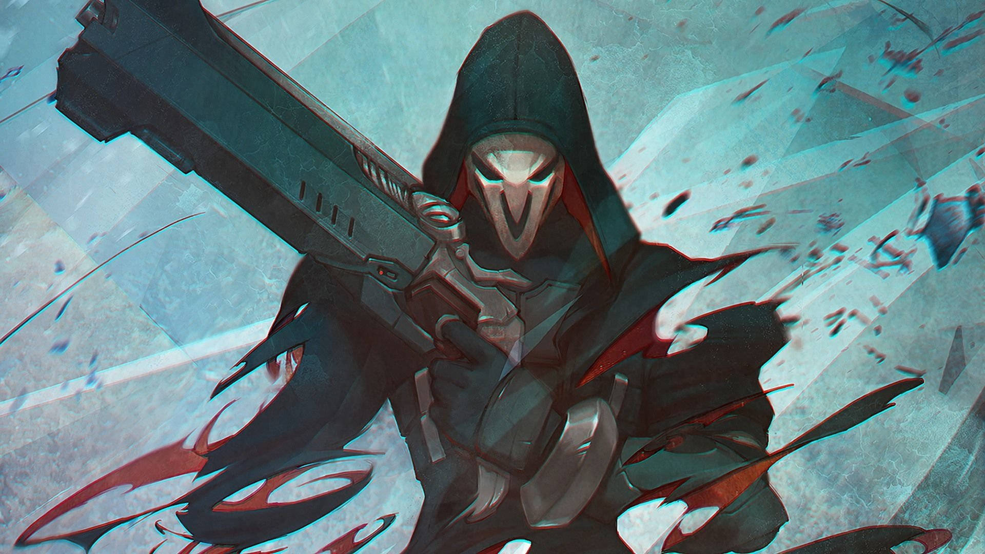 Shroud 桌布 壁紙 — 一名戴著頭骨面具的兜帽刺客，在破碎的玻璃和紅色能量痕跡中揮舞著一把巨大的槍。