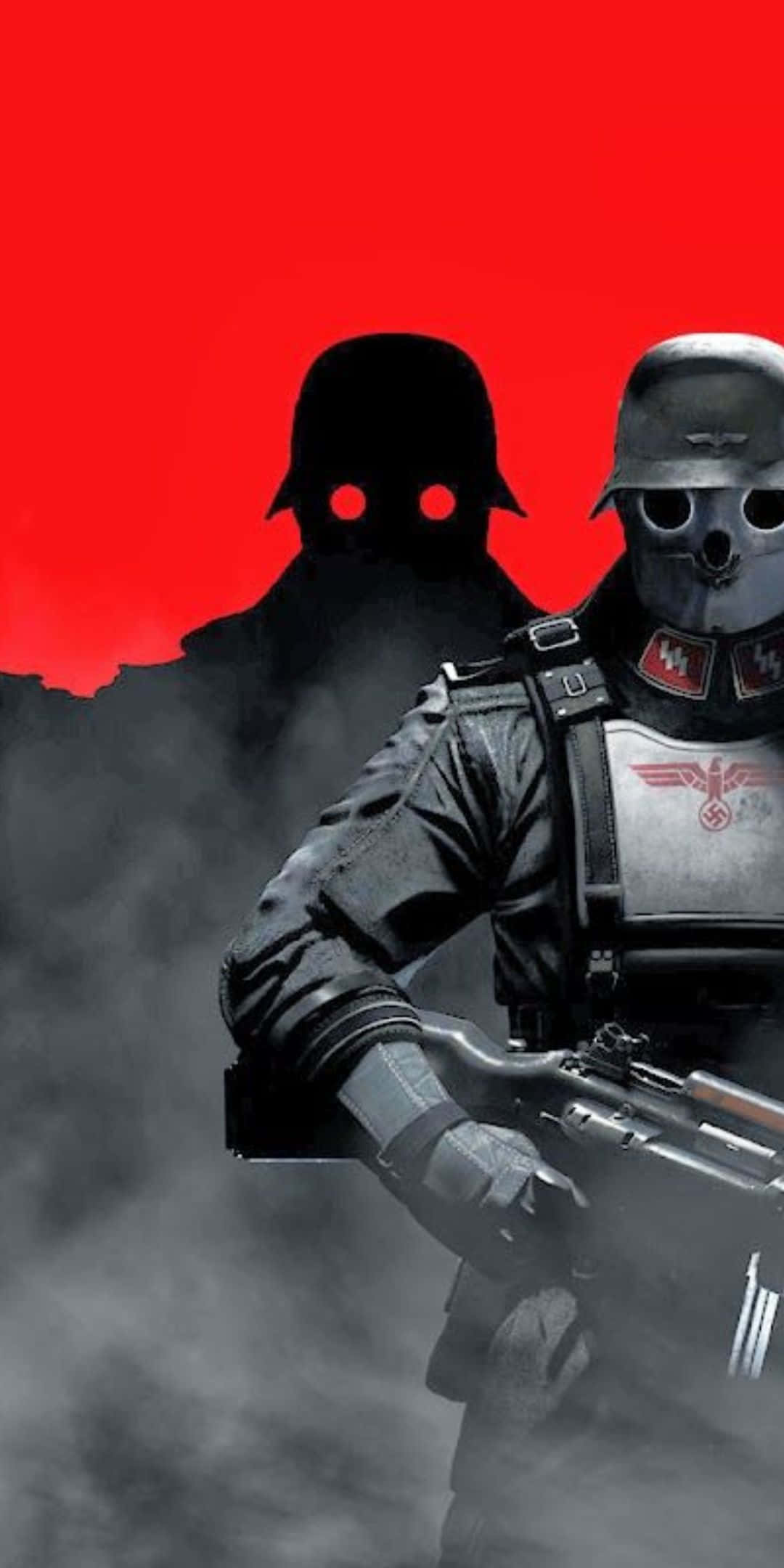 Pixel 3 Wolfenstein Ii 桌布 壁紙 — 一名戴著骷髏面具、身穿納粹軍裝的威脅性士兵，在煙霧中站在鮮紅色背景前，身後有一個陰影人物。