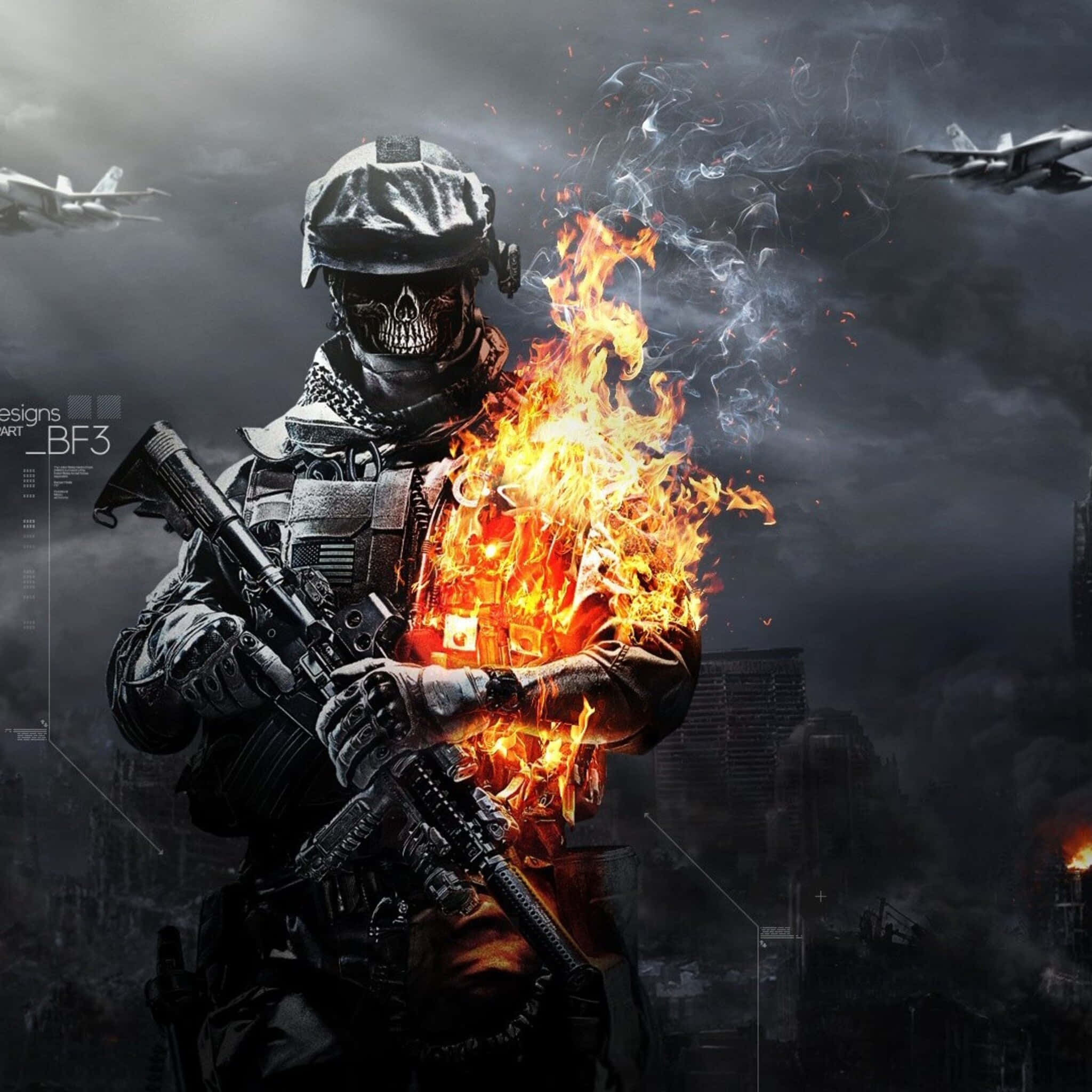 Battlefield 4 桌布 壁紙 — 一名戴著骷髏面具、軀幹燃燒的士兵在戰火摧殘的城市中挑釁地站立，戰鬥機從頭頂飛過。
