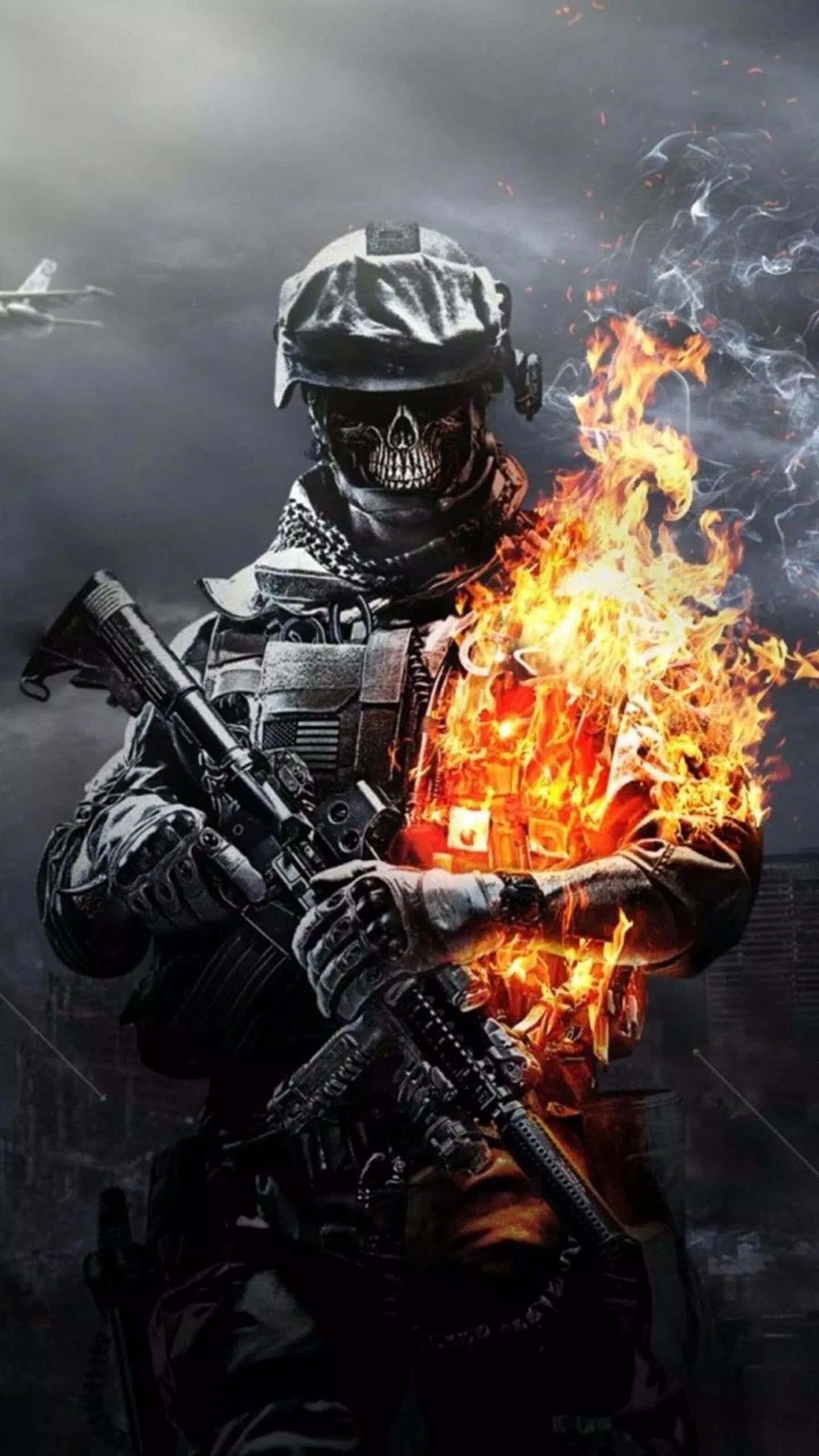 4K Military 桌布 壁紙 — 一名戴著骷髏面具、軀幹燃燒的士兵站在黑暗的暴風雨天空中，一架戰鬥機從頭頂飛過。