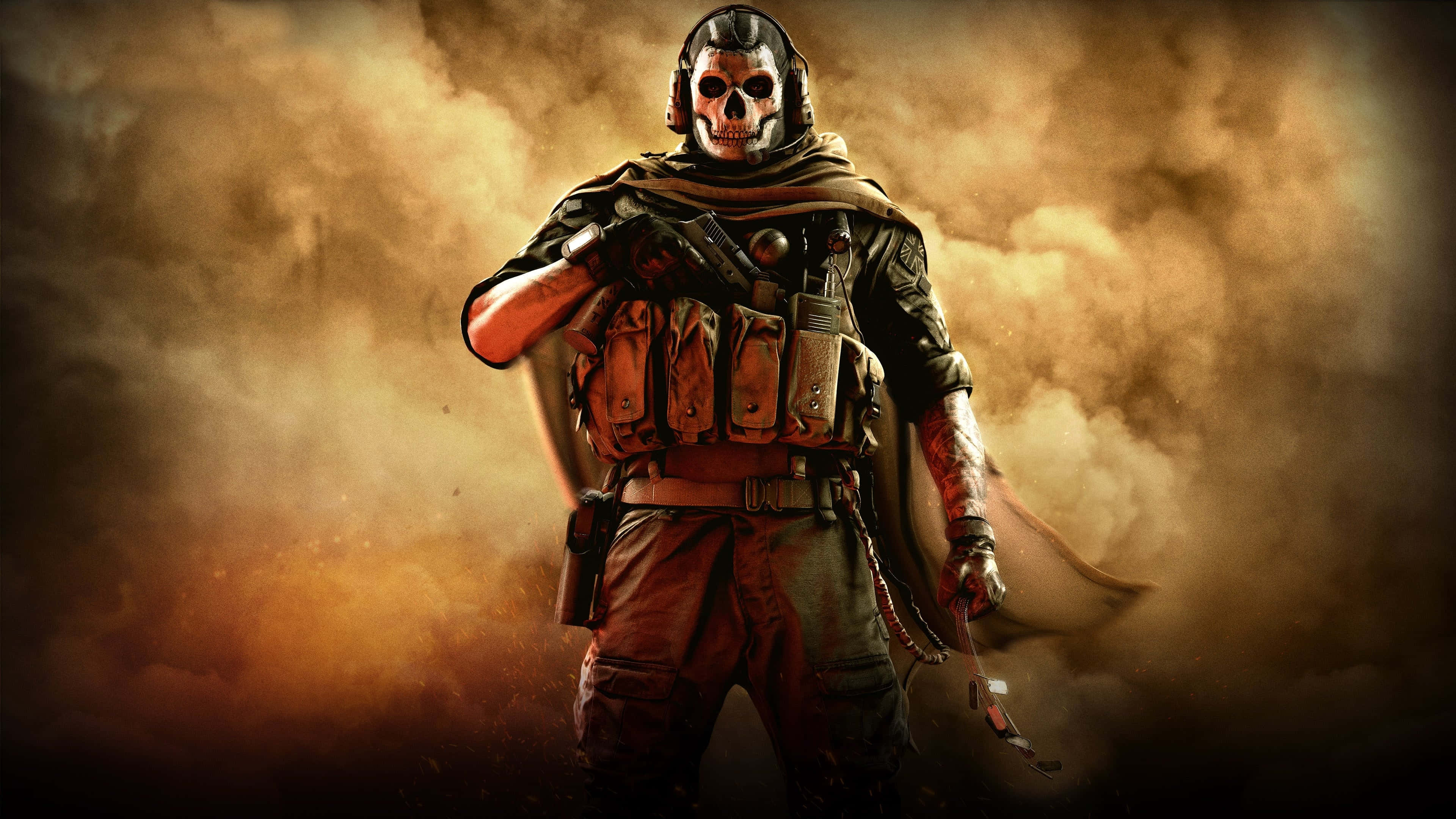 HD Call Of Duty Modern Warfare 桌布 壁紙 — 一名戴著骷髏面具和戰術裝備的士兵站在煙霧瀰漫的戰場燈光中。
