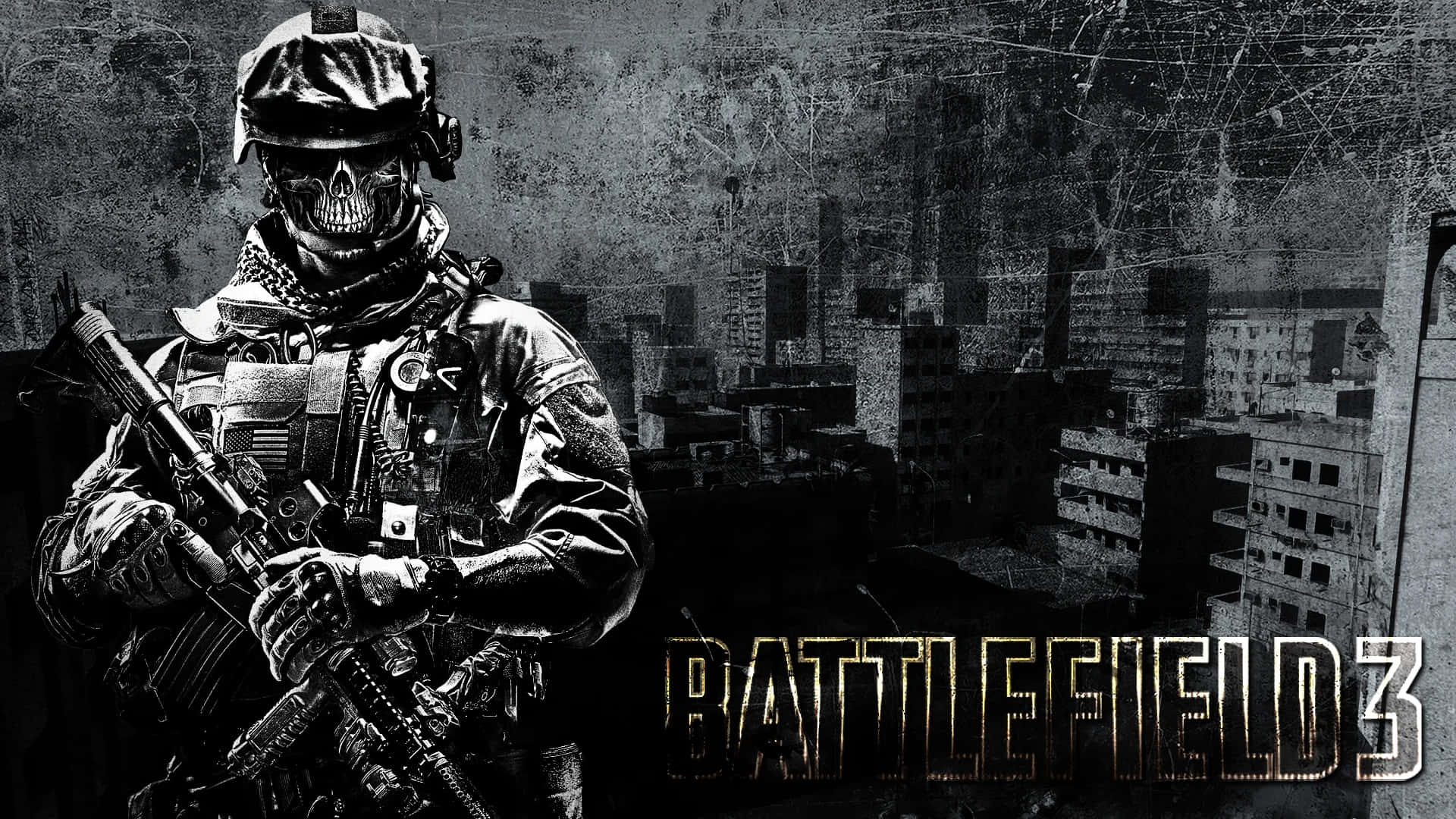 Battlefield 3 桌布 壁紙 — 一名戴著骷髏面具和戰鬥裝備的士兵，在 gritty 的城市戰區背景下手持步槍，並帶有 'Battlefield 3' 標題。