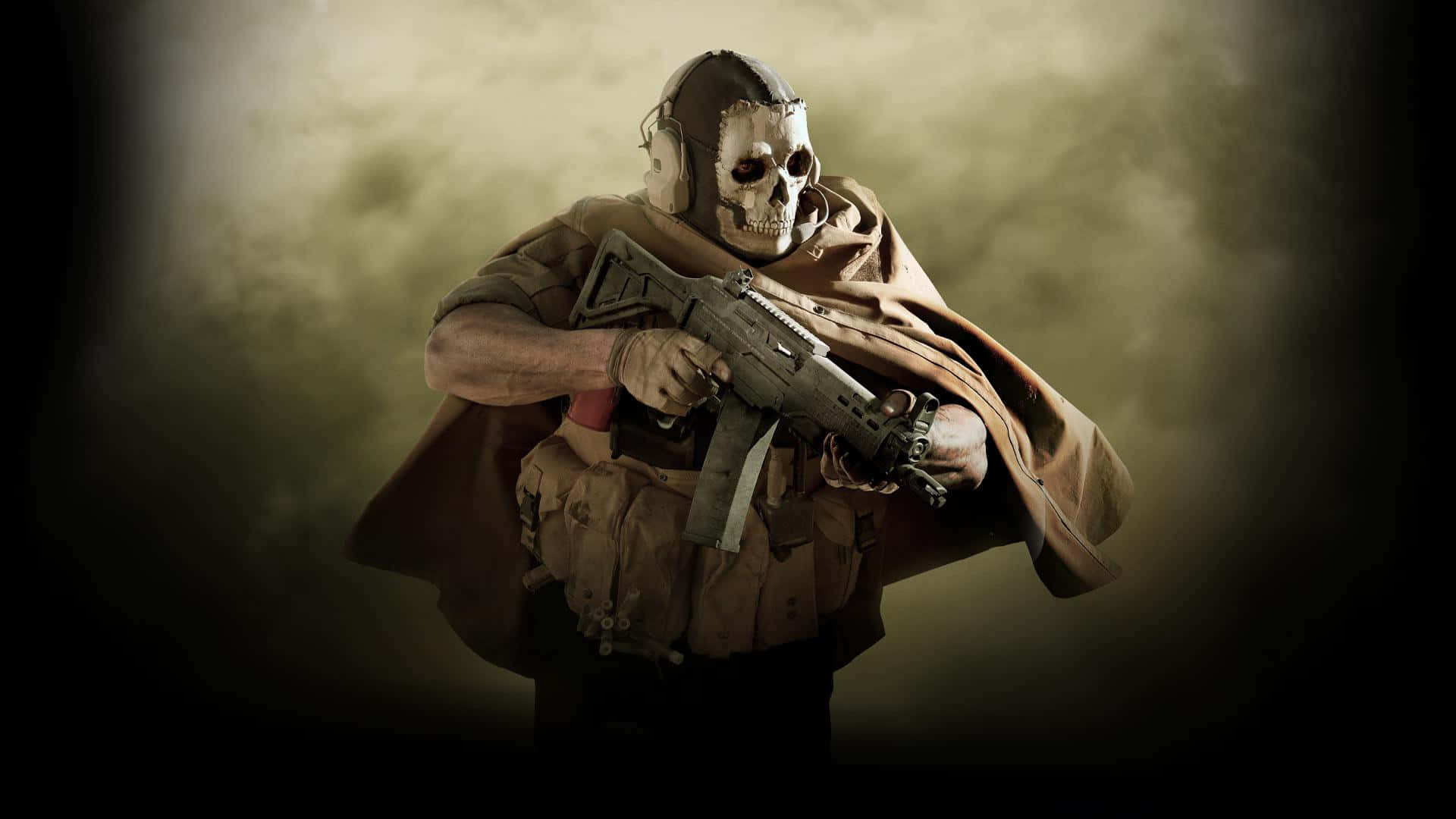 Call Of Duty 2020 桌布 壁紙 — 一名戴著骷髏面具和披風的士兵，在煙霧瀰漫的戰場背景下緊握突擊步槍。
