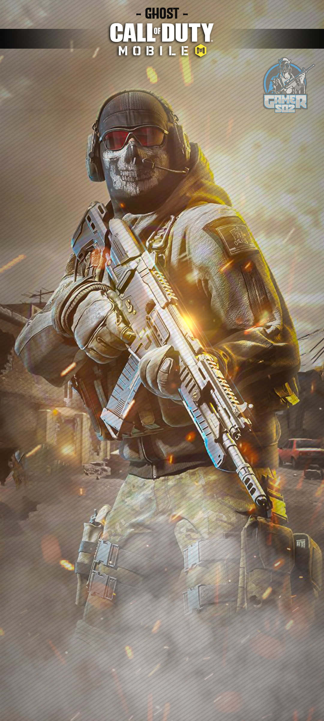 Cod Mobile Character Skins 桌布 壁紙 — 一名戴著骷髏面具和紅色護目鏡的士兵，在戰火摧殘的城市戰場上，於熾熱的爆炸中手持步槍。