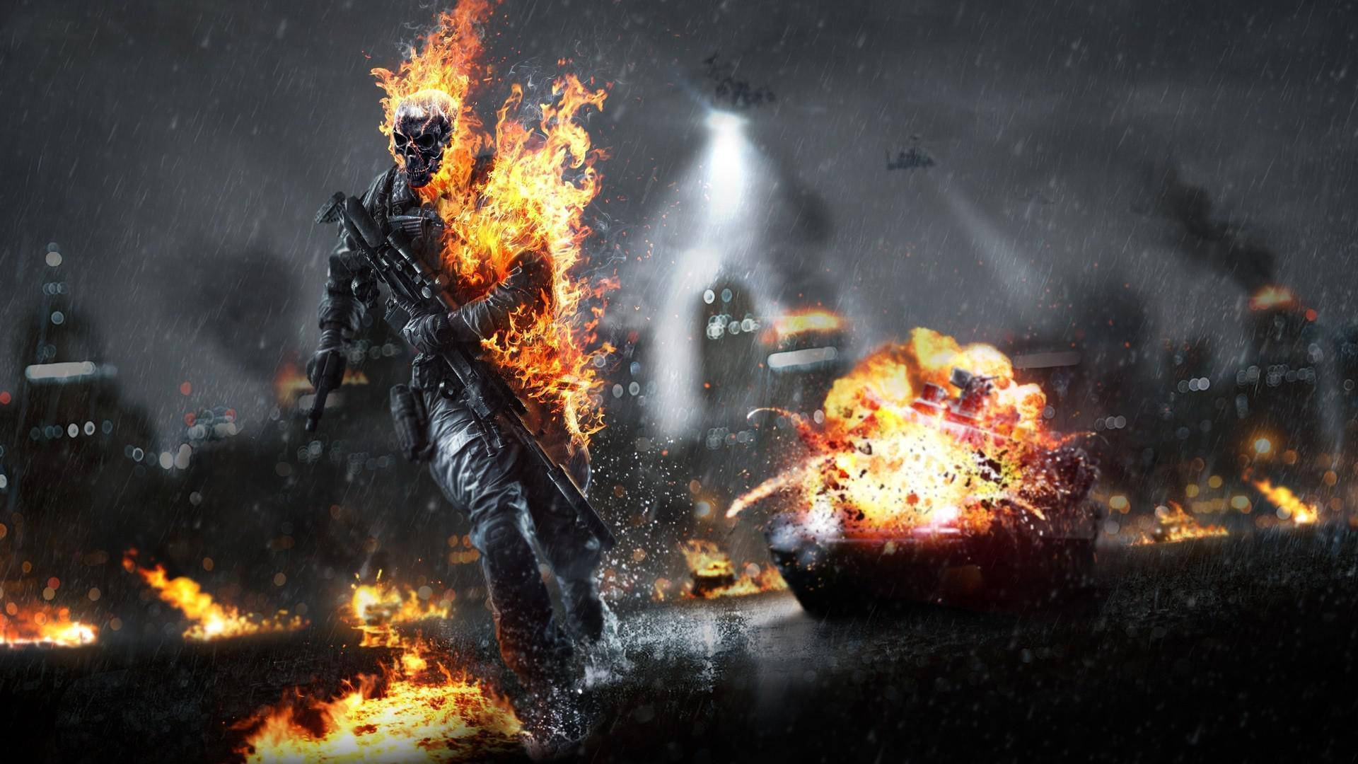Battlefield 4 City 桌布 壁紙 — 一名戴著骷髏面具的火焰士兵在戰火摧殘的城市戰場中涉水穿過雨和火。
