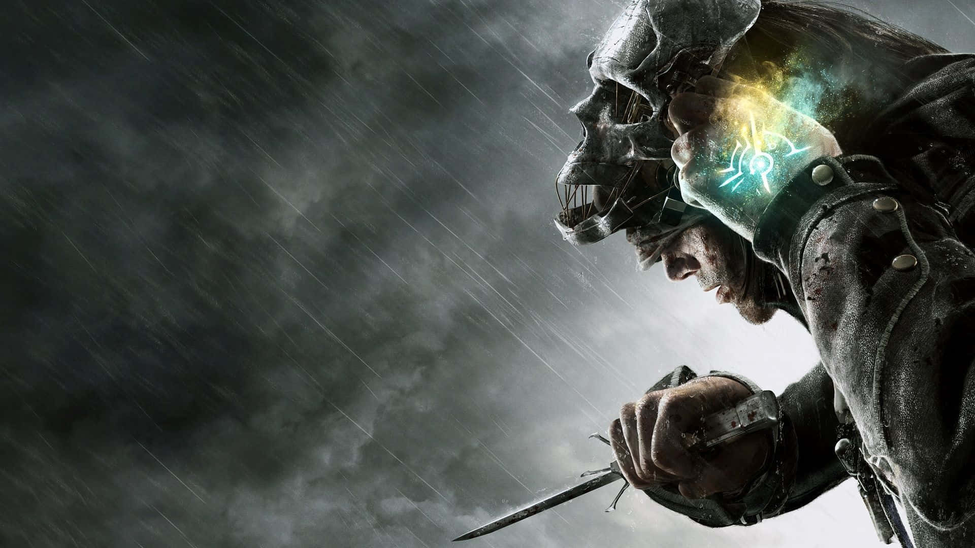 3d Gaming 桌布 壁紙 — 一名戴著骷髏頭盔的戰士，在暴風雨的背景下，手持發光的神器和匕首。