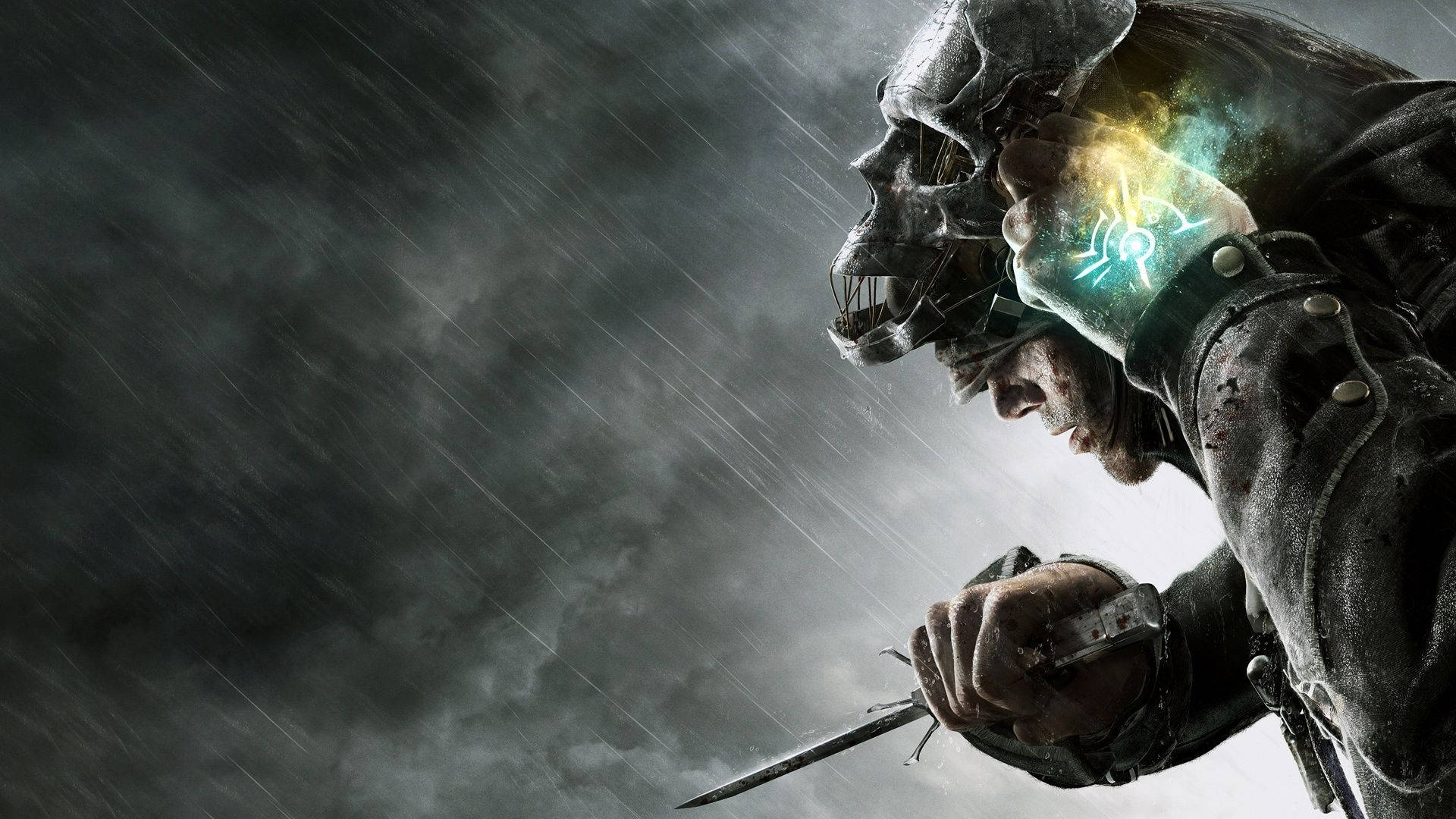 酷炫遊戲 桌布 壁紙 — 一名戴著骷髏頭盔的戰士在暴風雨濕透的背景中手持發光神器。