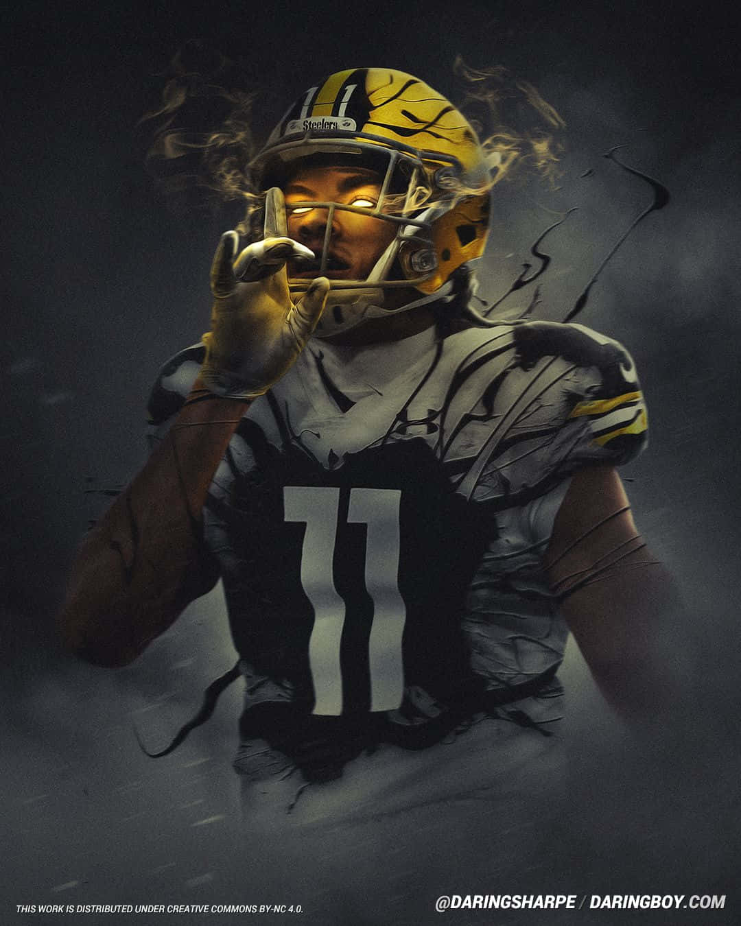 Dwayne Haskins 桌布 壁紙 — 一名戴著黃色頭盔、身穿黑色11號球衣的美式足球員，在黑暗背景下，煙霧圍繞頭部旋轉時做出手勢。