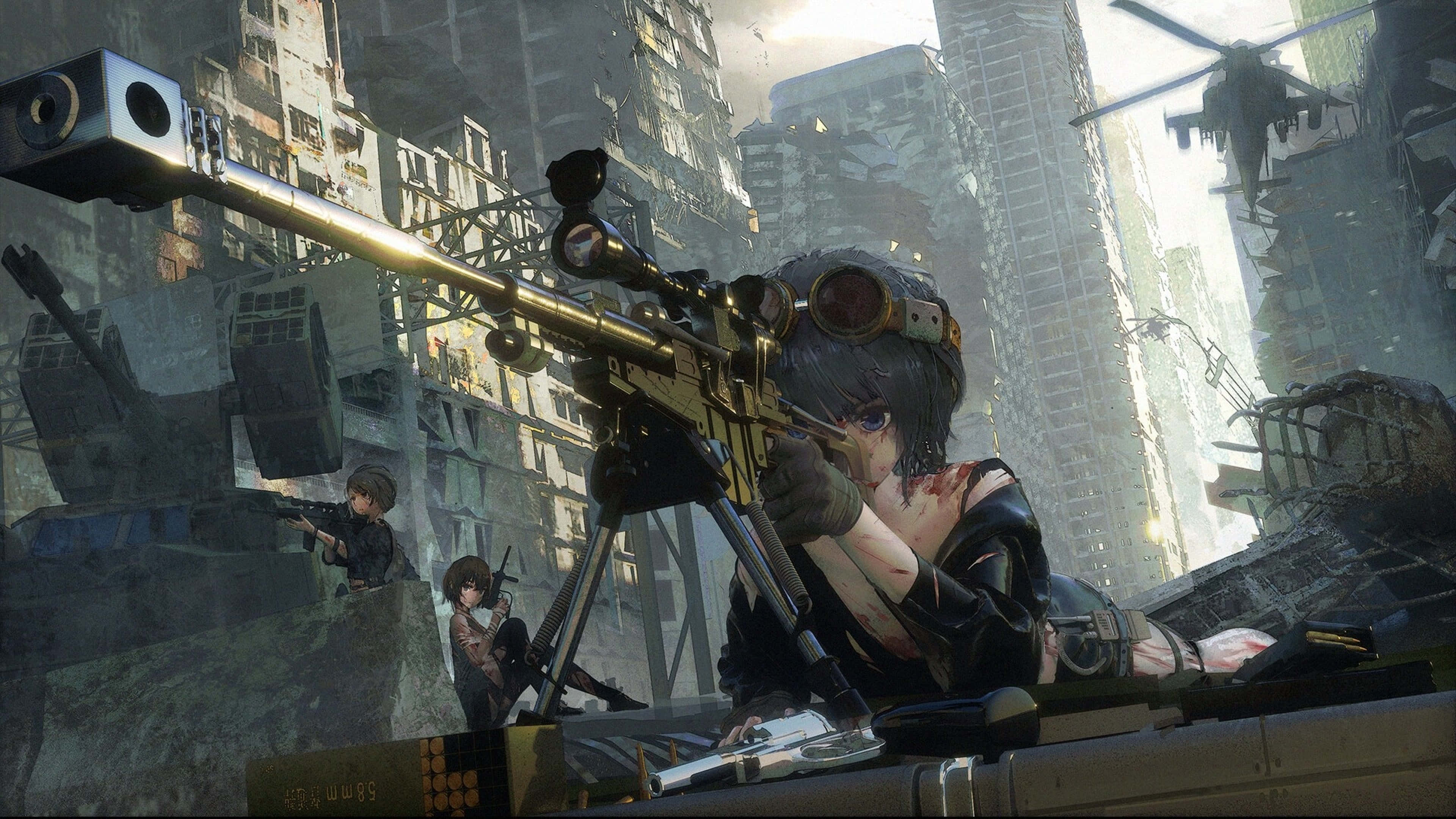 4K Military 桌布 壁紙 — 一名戴護目鏡的狙擊手從廢墟城市景觀中瞄準步槍，直升機在頭頂飛過，盟友在下方戰鬥。