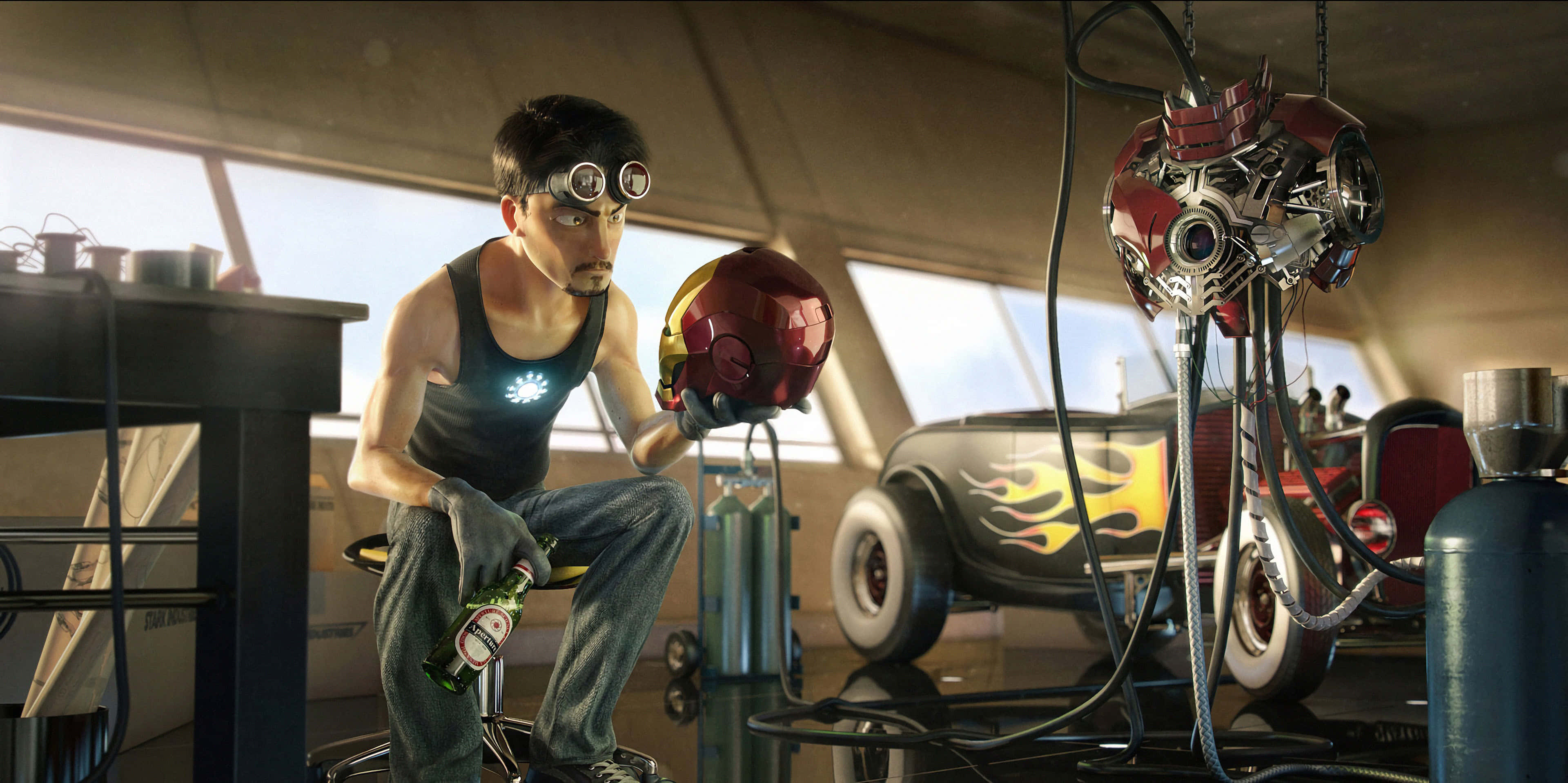 Iron Man Fan Art 桌布 壁紙 — 一名戴護目鏡的男子坐在車庫內一輛火焰裝飾的改裝車旁，手持紅色頭盔。