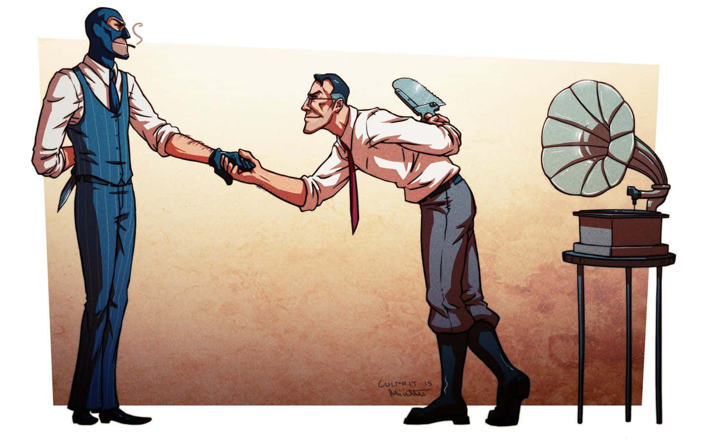 Tf2 Medic 桌布 壁紙 — 一名戴面具、身穿藍色西裝的男子，與一名手持留聲機喇叭、抽著香煙的微笑男子握手。