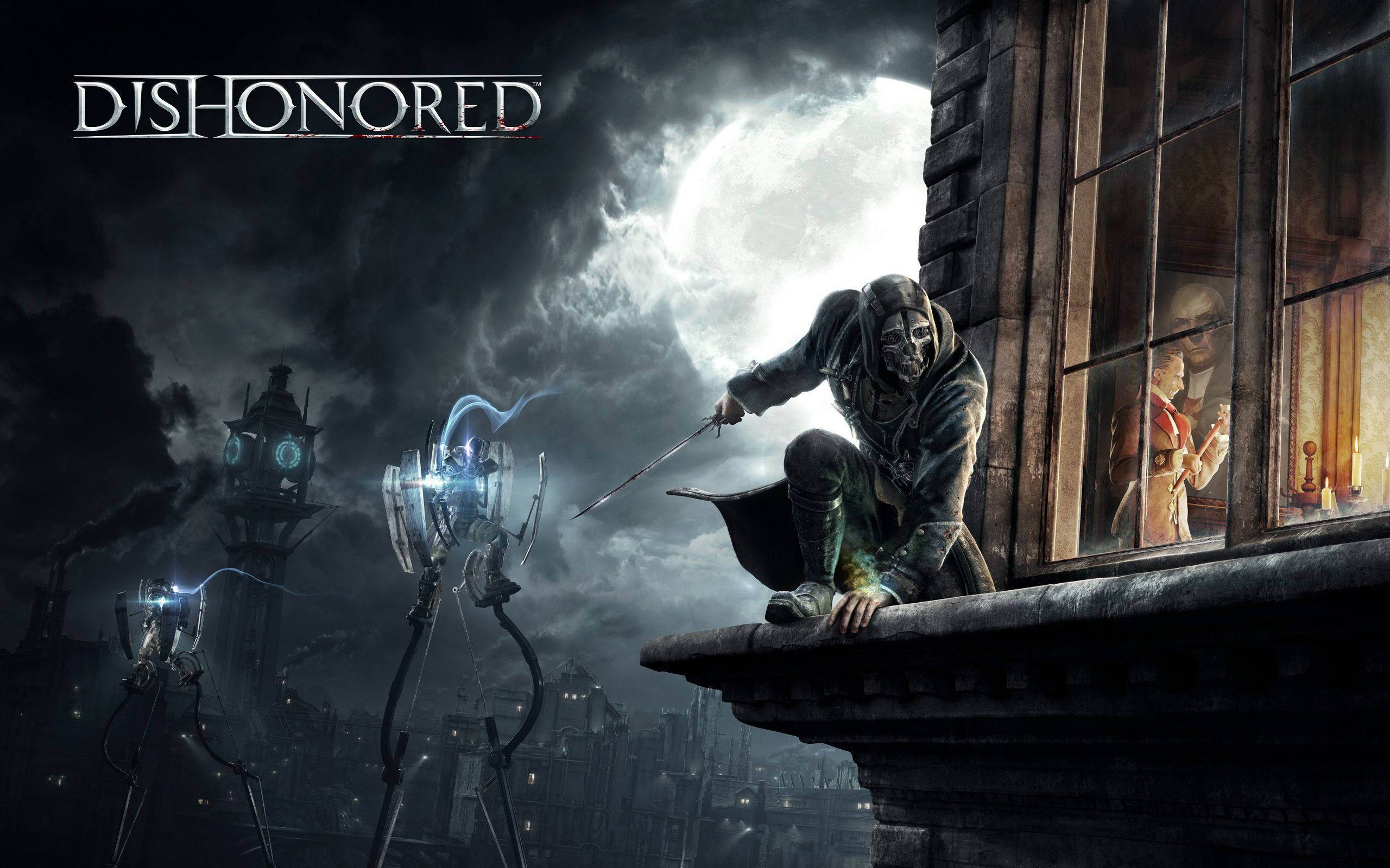 Dishonored 2 桌布 壁紙 — 一名戴面具的刺客在滿月下蹲在屋頂邊緣，揮舞著刀刃，而機械守衛則在下方站崗。