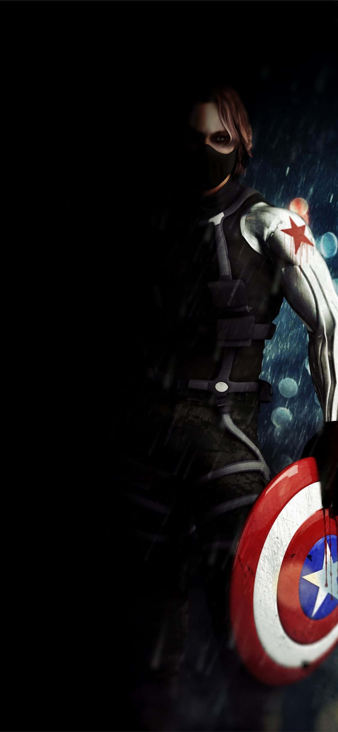 Captain America Android 桌布 壁紙 — 一名戴面具的士兵，手臂上有紅星，在黑暗下雨的環境中手持盾牌。