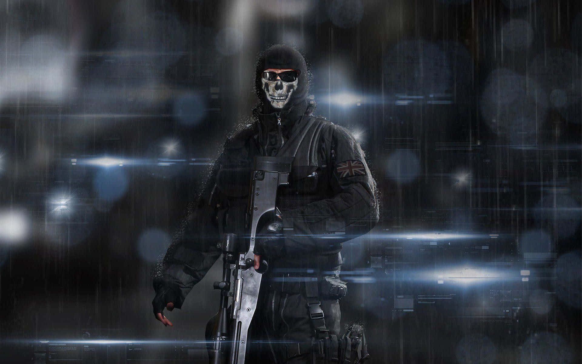Call Of Duty Ghosts 桌布 壁紙 — 一名戴面具的士兵，骷髏臉孔，手持步槍，在雨中站在發光的藍色燈光下，帶有數位故障效果。