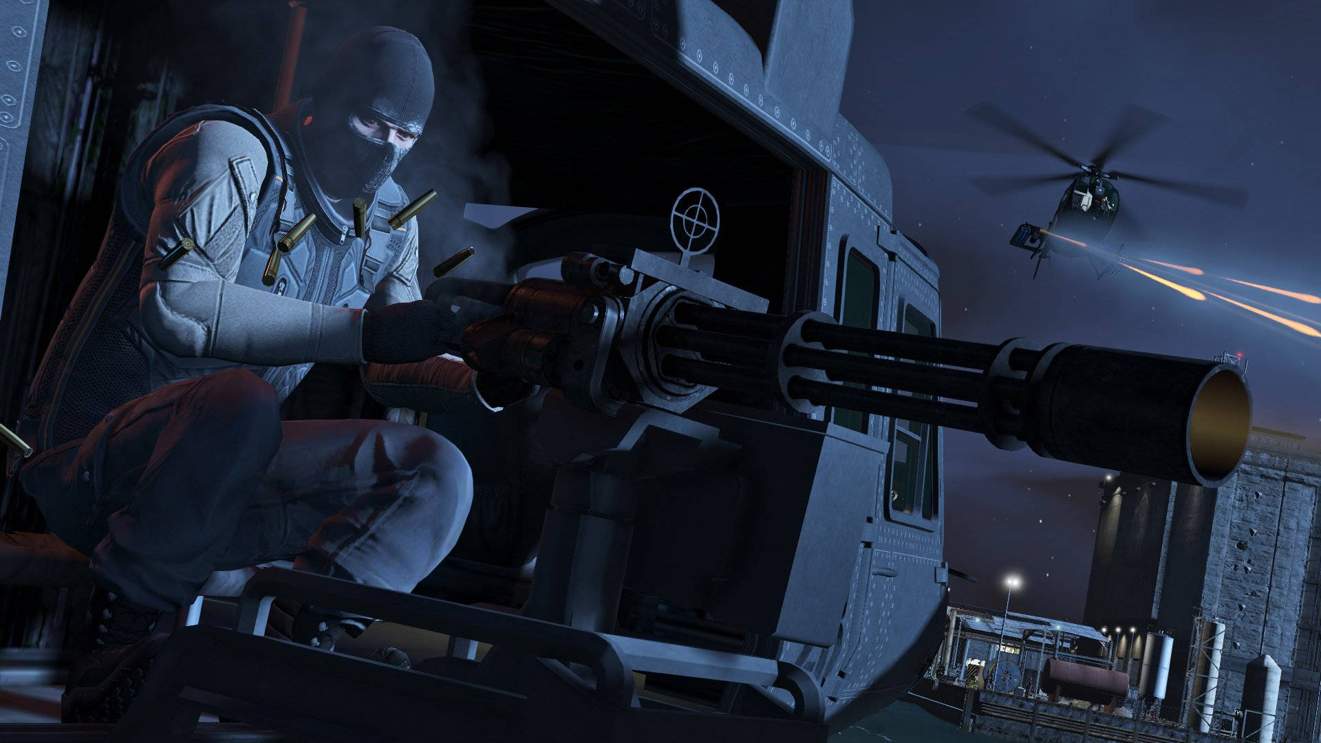 Gta 桌布 壁紙 — 一名戴面具的士兵在夜間從直升機發射重型機槍，另一架直升機在上空交戰。
