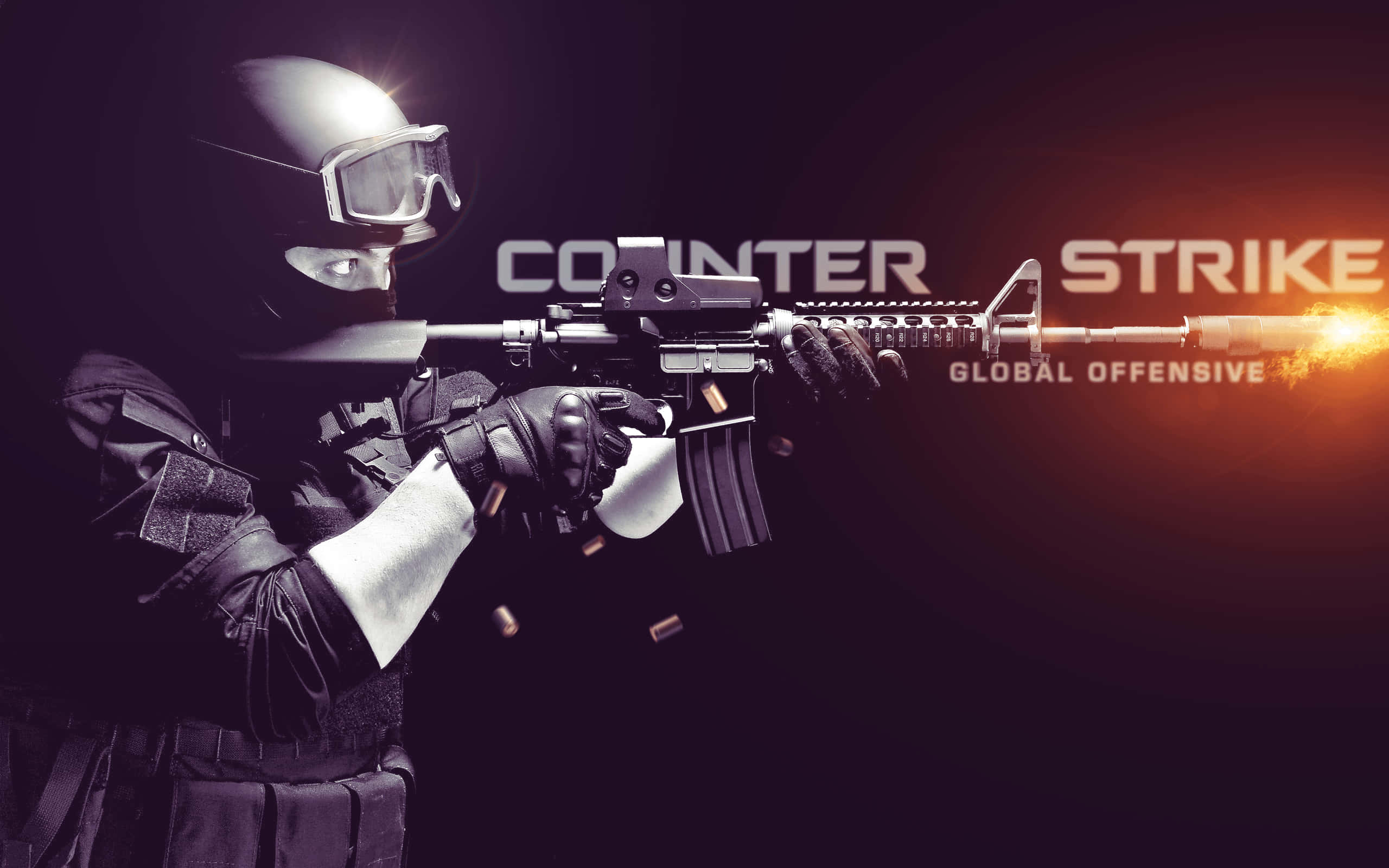 Counterstrike 桌布 壁紙 — 一名戴面具的士兵在黑暗背景中開火，步槍槍口閃爍光芒，背景有Counter-Strike Global Offensive標誌。