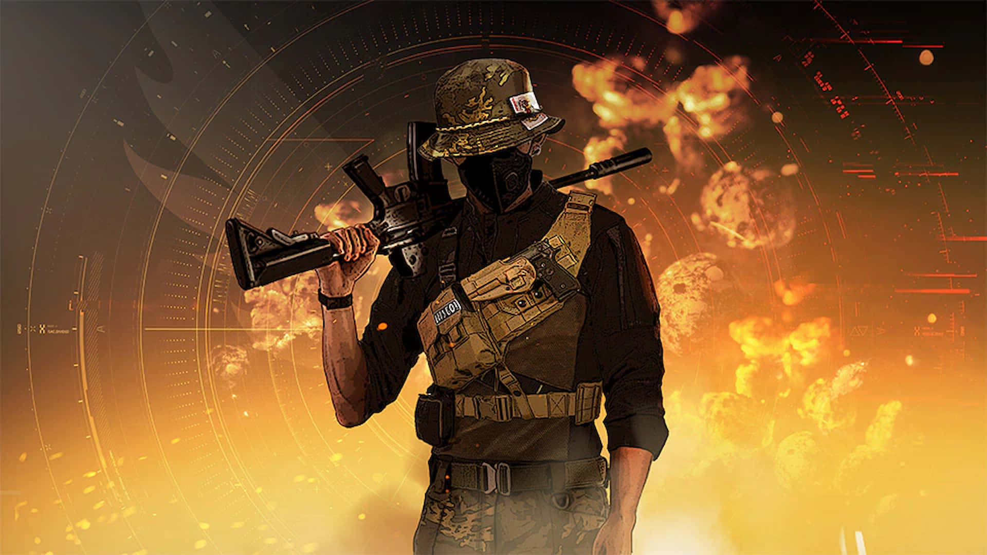 Shooting Game 桌布 壁紙 — 一名戴面具的士兵身穿戰術裝備，在熾熱爆炸背景下持步槍，並帶有發光的橙色HUD元素。
