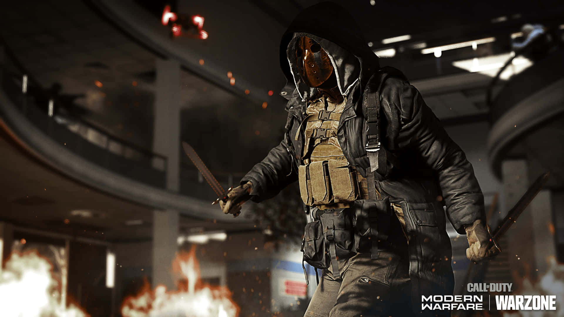 1920x1080 Call Of Duty Modern Warfare 桌布 壁紙 — 一名戴面具的士兵身穿戰術裝備，在現代建築物內部火熱爆炸中揮舞雙刀。