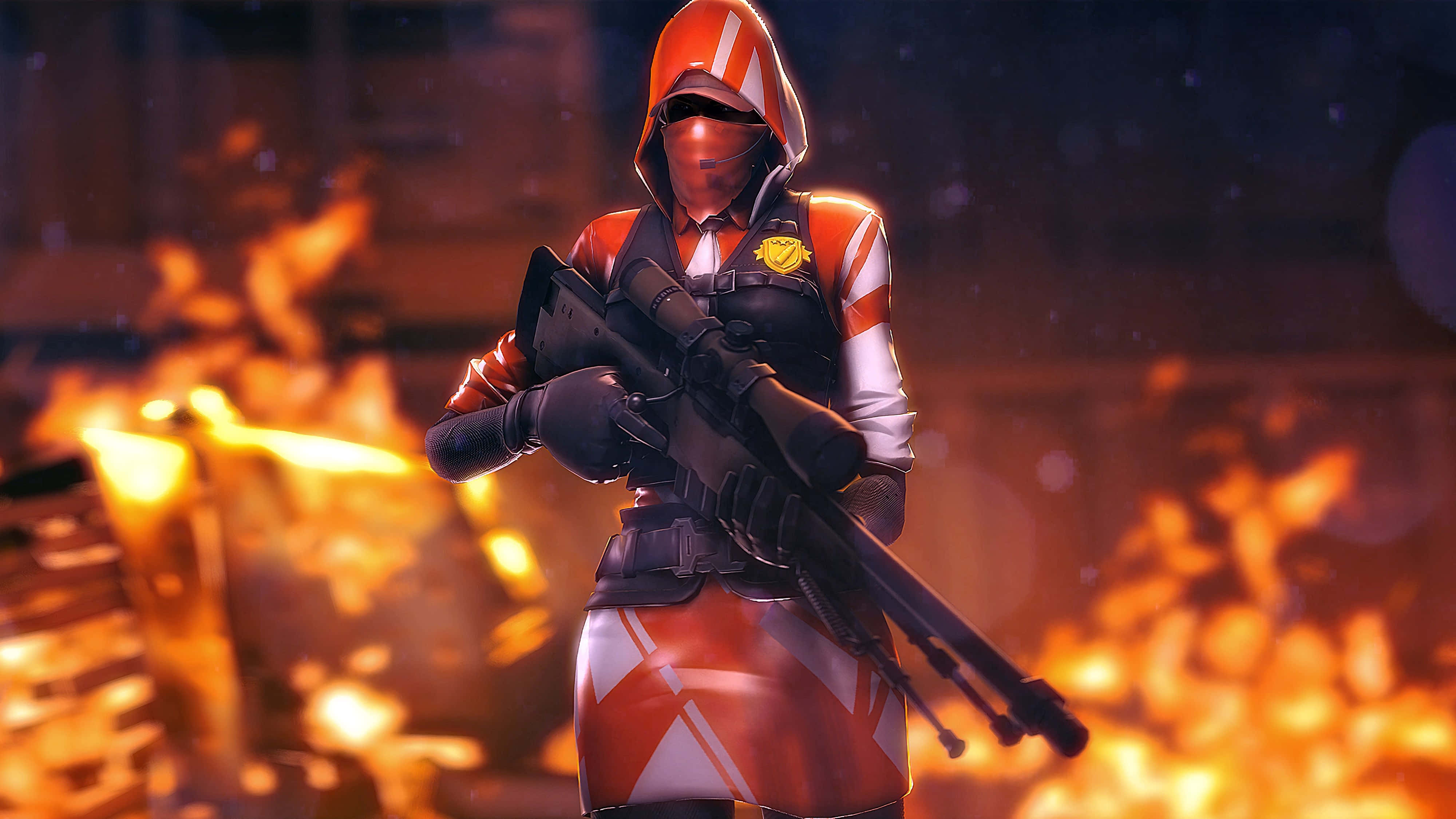 Fortnite 桌布 壁紙 — 一名戴面具的士兵身穿橙色和白色裝備，在火熱的戰場背景下持步槍。