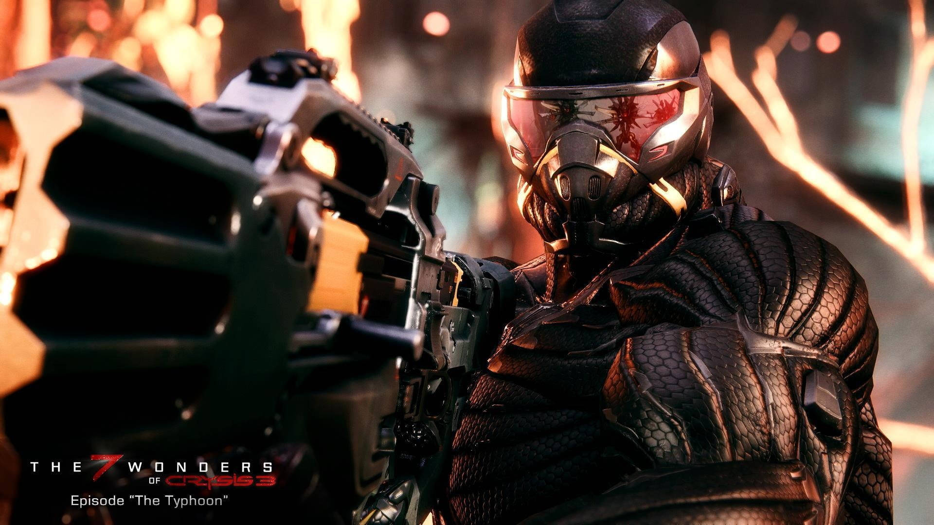 crysis 3 4K 桌布 壁紙 — 一名戴面具的士兵身穿黑色戰術裝備，瞄準重型武器，背景是火熱的城市。