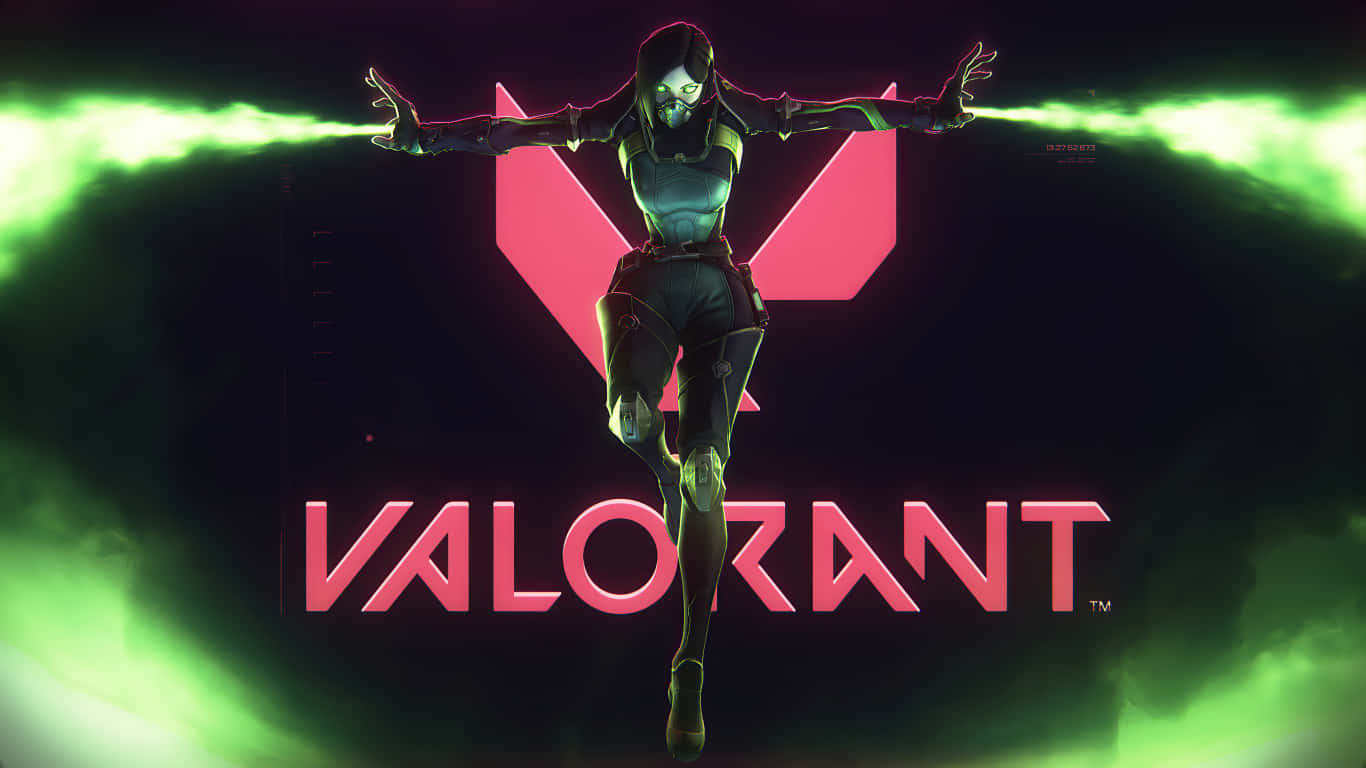 1366x768 Valorant 桌布 壁紙 — 一名戴面具的女特務伸出雙手，發出發光的綠色能量，背景是深色背景和粉紅色的 Valorant 標誌。