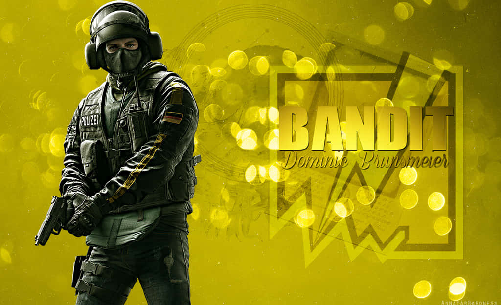 Rainbow Six Siege Bandit 桌布 壁紙 — 一名戴面具的德國警察身穿戰術裝備，在鮮黃色散景背景前手持手槍，並帶有 'BANDIT' 文字。