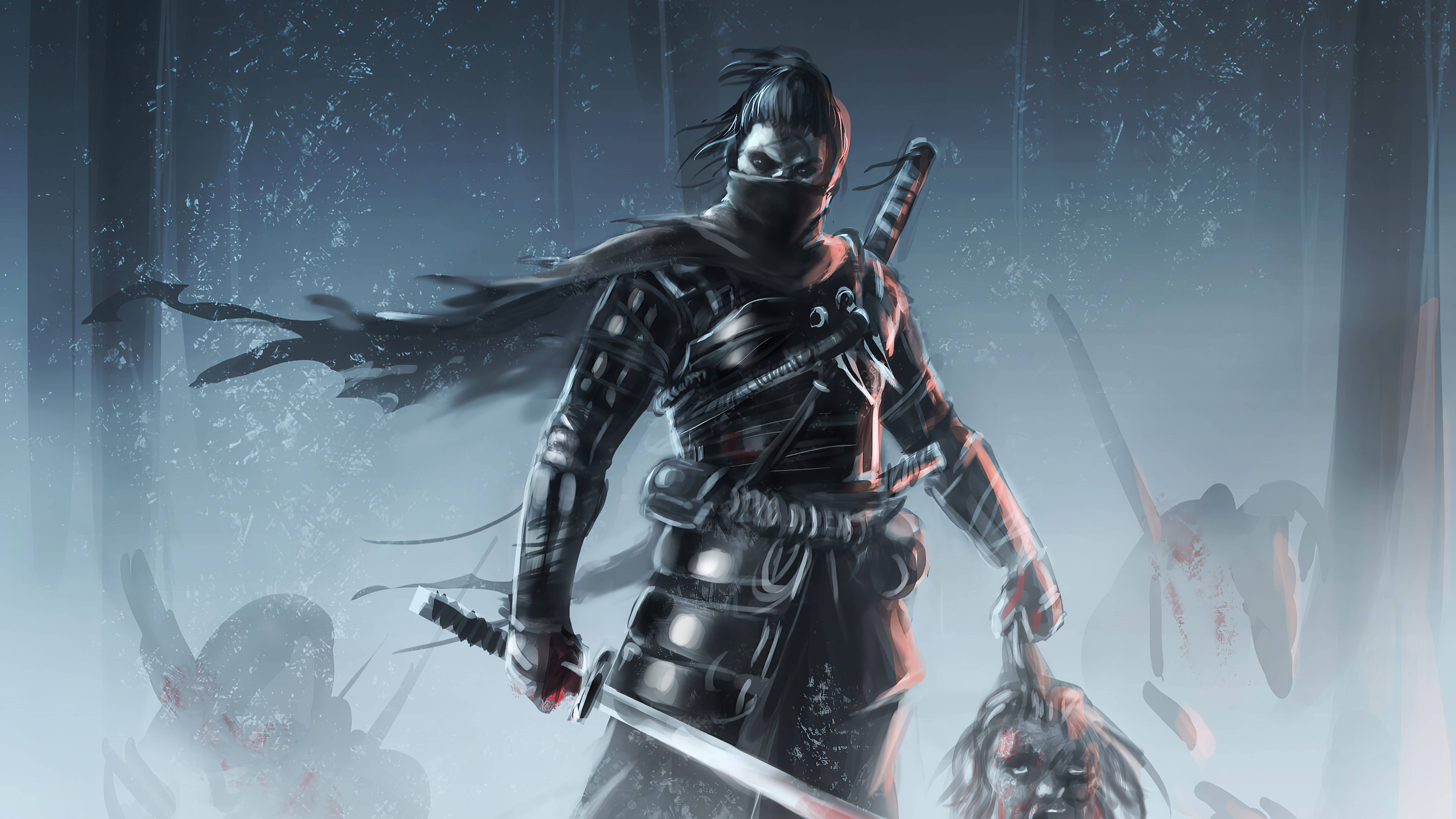 Ghost Of Tsushima 桌布 壁紙 — 一名戴面具的忍者戰士身穿暗色盔甲，在霧氣瀰漫的戰場上手持劍，周圍是倒下的敵人。